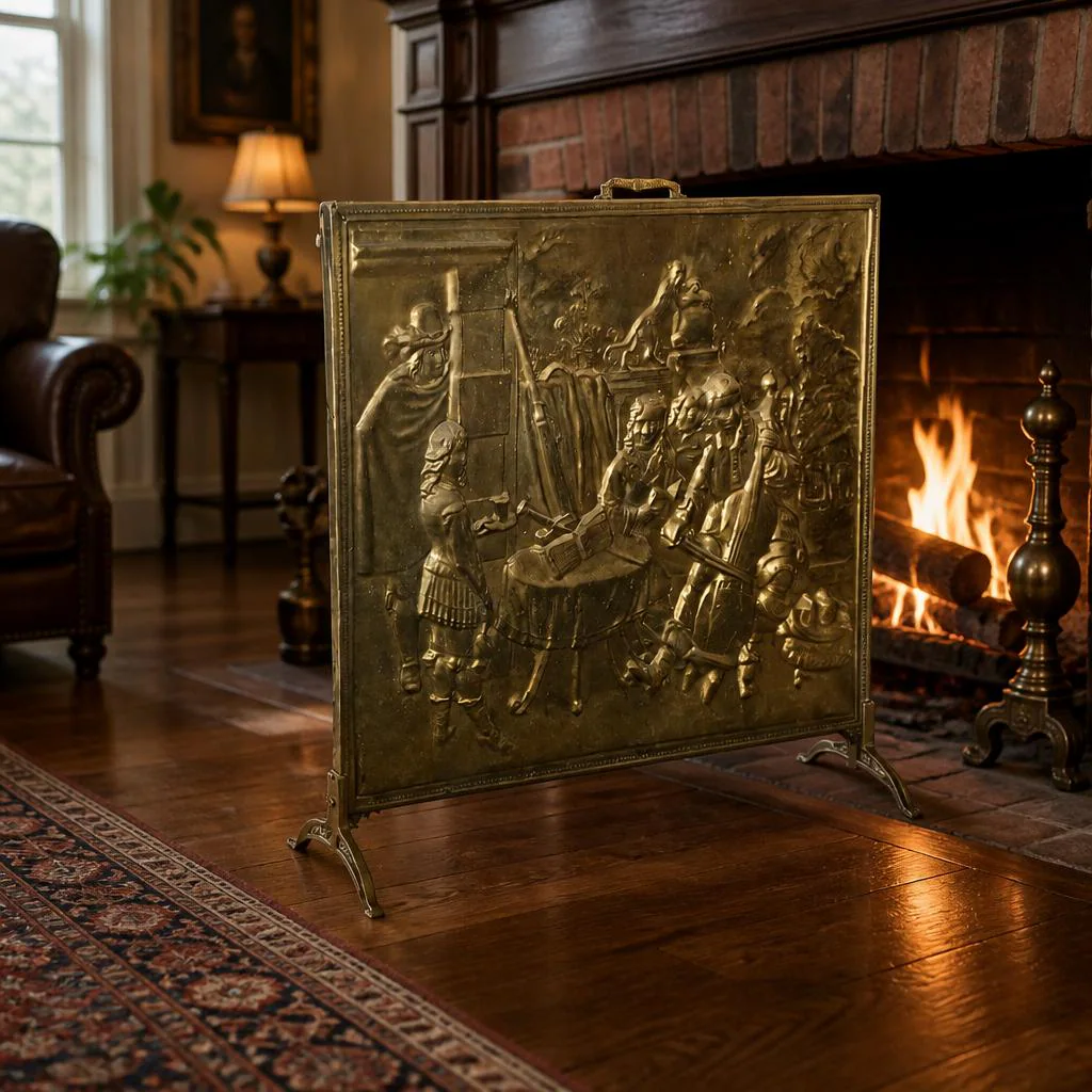 Antique Brass English Scene Fireplace Screen