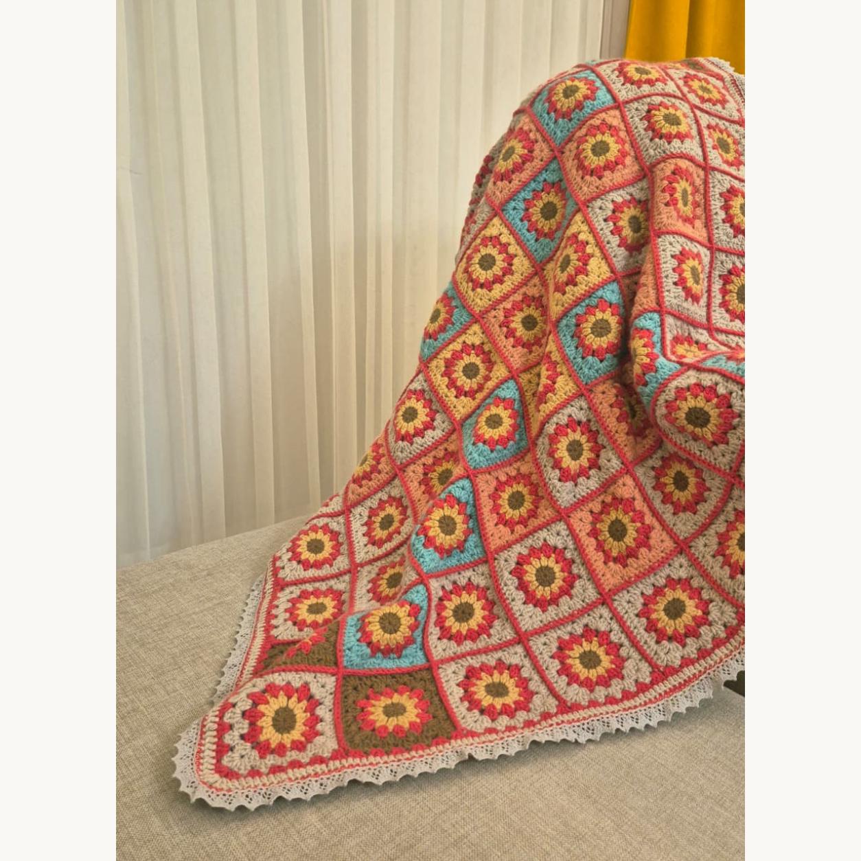 The Sunlit Garden Blanket – Crochet Granny Square, Autumn Floral Throw