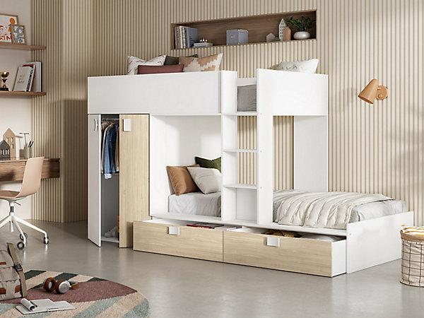 Lits Superposés 2 x 90 x 190 cm - Armoire intégrée - Blanc et naturel - JUANITO