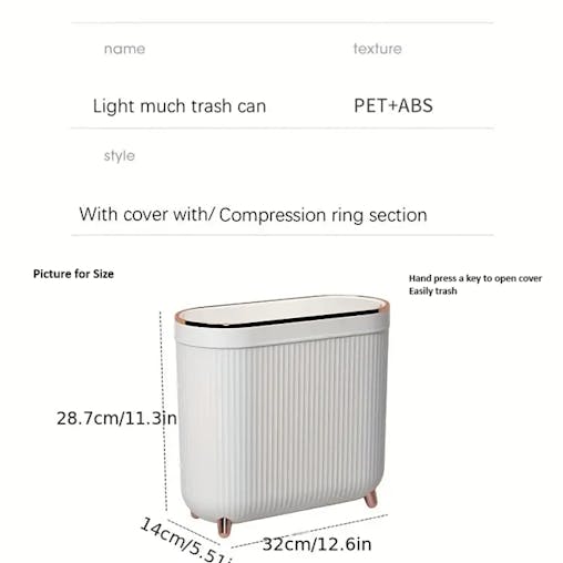 NNETM Compact Toilet Trash Can with Quiet Close Lid - White Gray Plastic, Space-Saving Design
