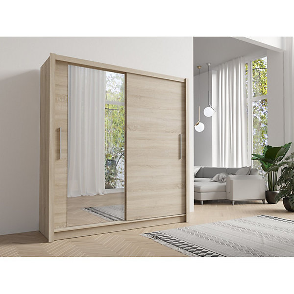 Armoire 2 portes coulissantes avec miroir 155 cm - chene clair - Collection OZZULA
