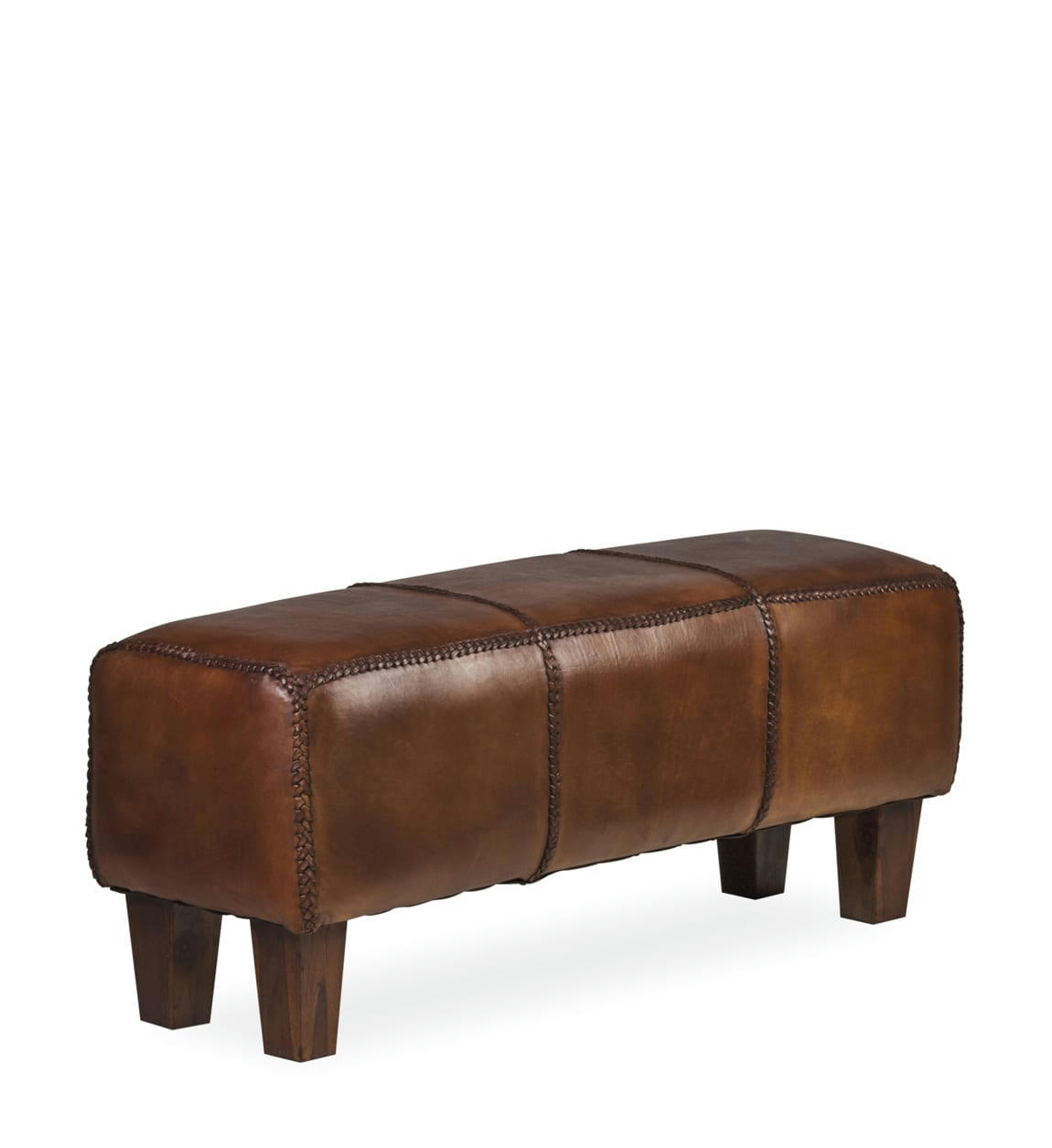- Tabouret rectangulaire en bois de teck et cuir marron L110