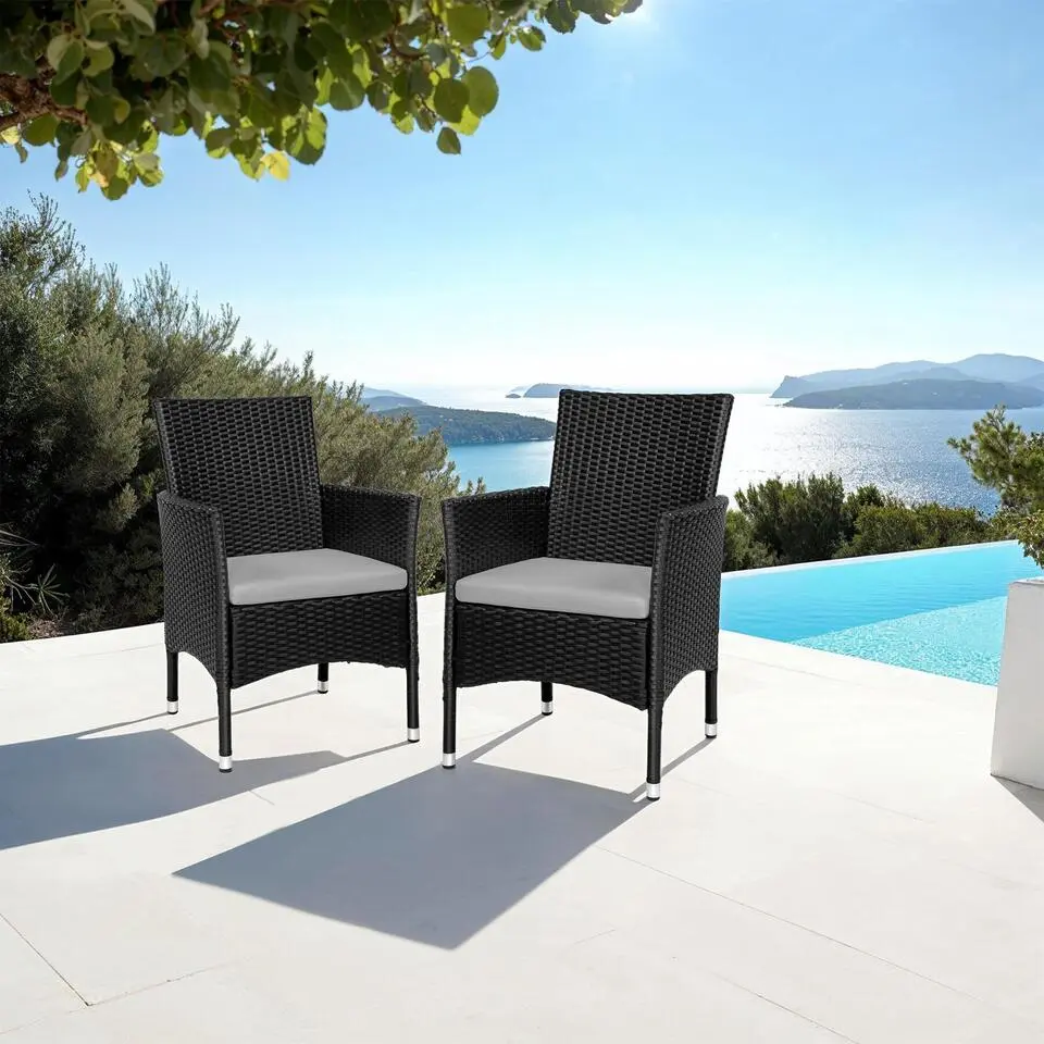 tectake 2 Wicker tuinstoelen met 4 kussenhoezen , Zwart/Beige