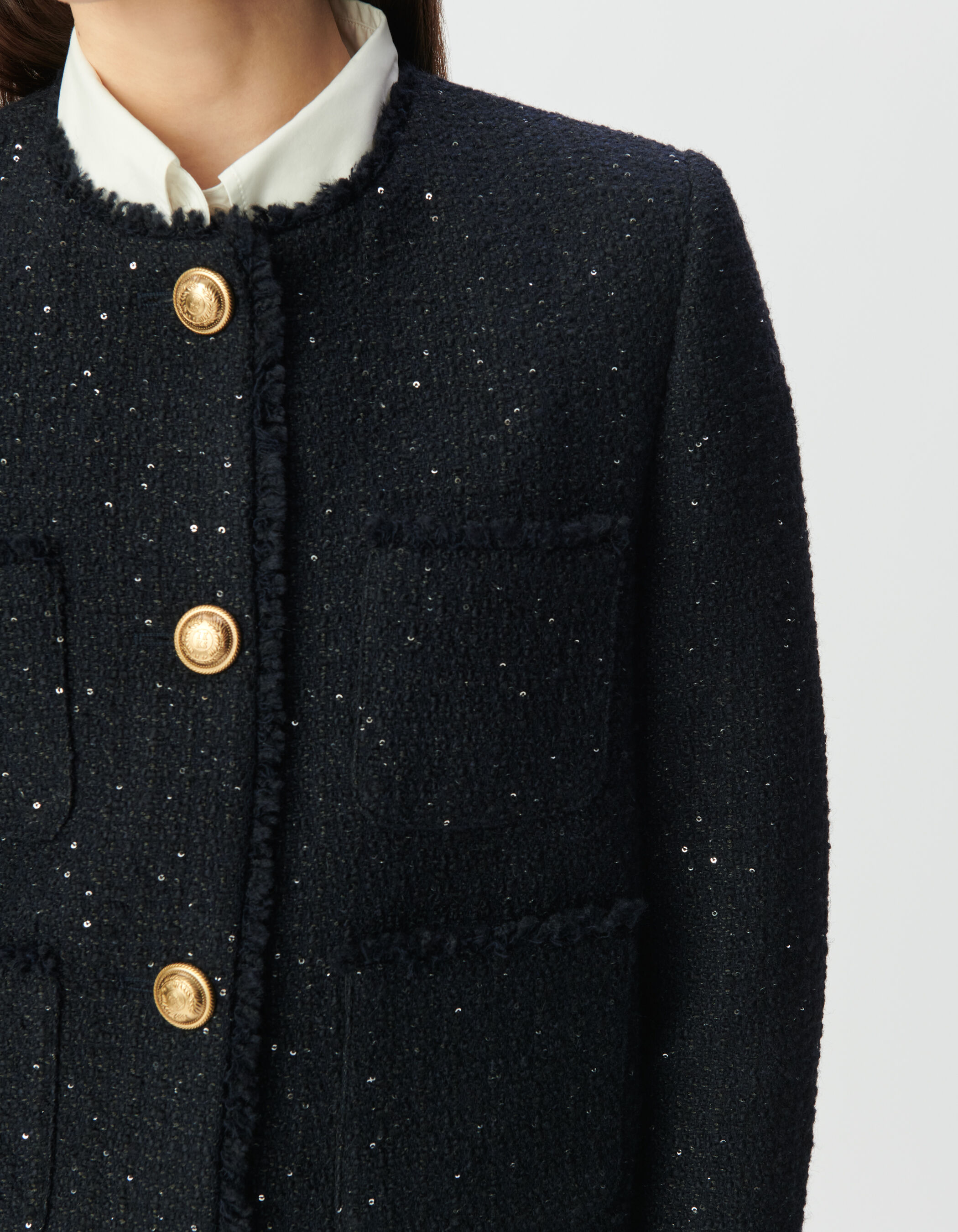 Veste courte marine effet tweed et sequins brodés Femme