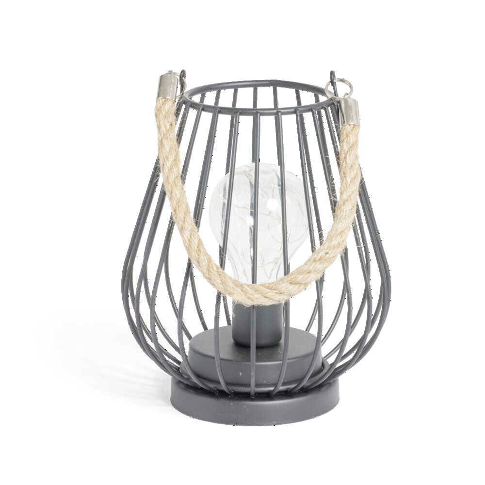 Lanterne LED ajourée métal noir poignée jute Ø15xH18cm