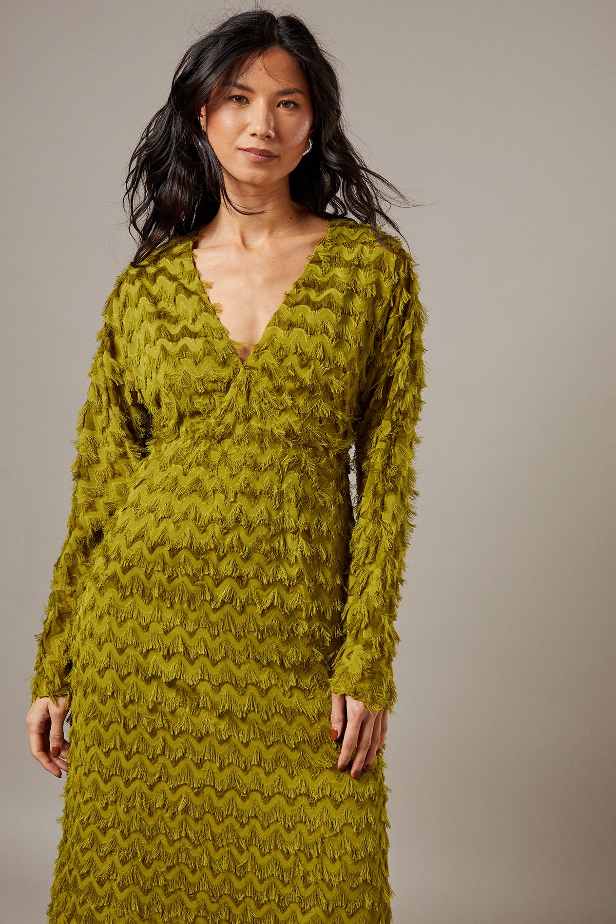 Warehouse Fluffy Plunge Neck Batwing Midi Dress