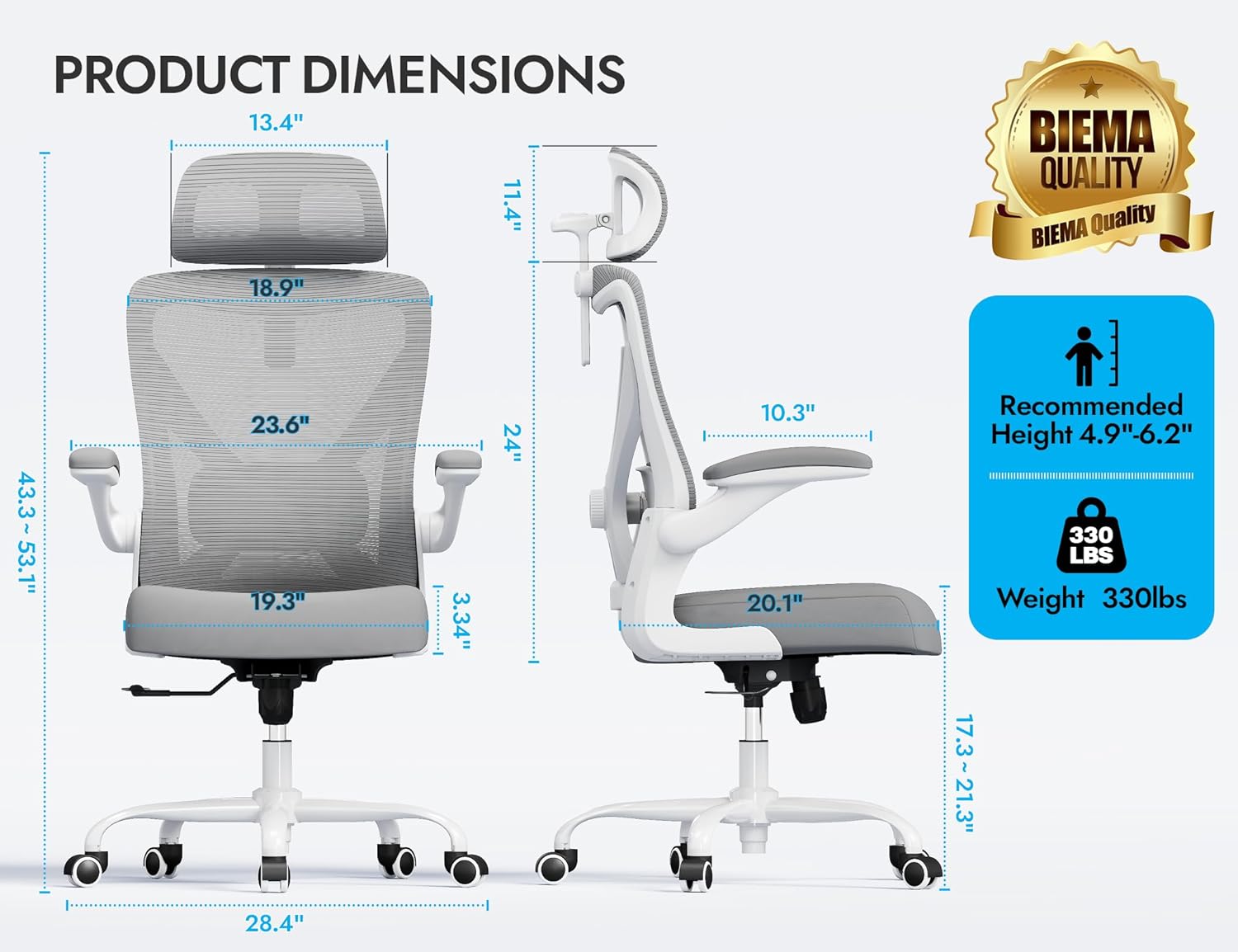 Ergonomic Office Chair: White Computer Desk Chair Comfy Gaming Chair for Adults - Office Chair with Lumbar Support & Headrest - Executive Office Rolling Chairs for Home Work (Grey)
