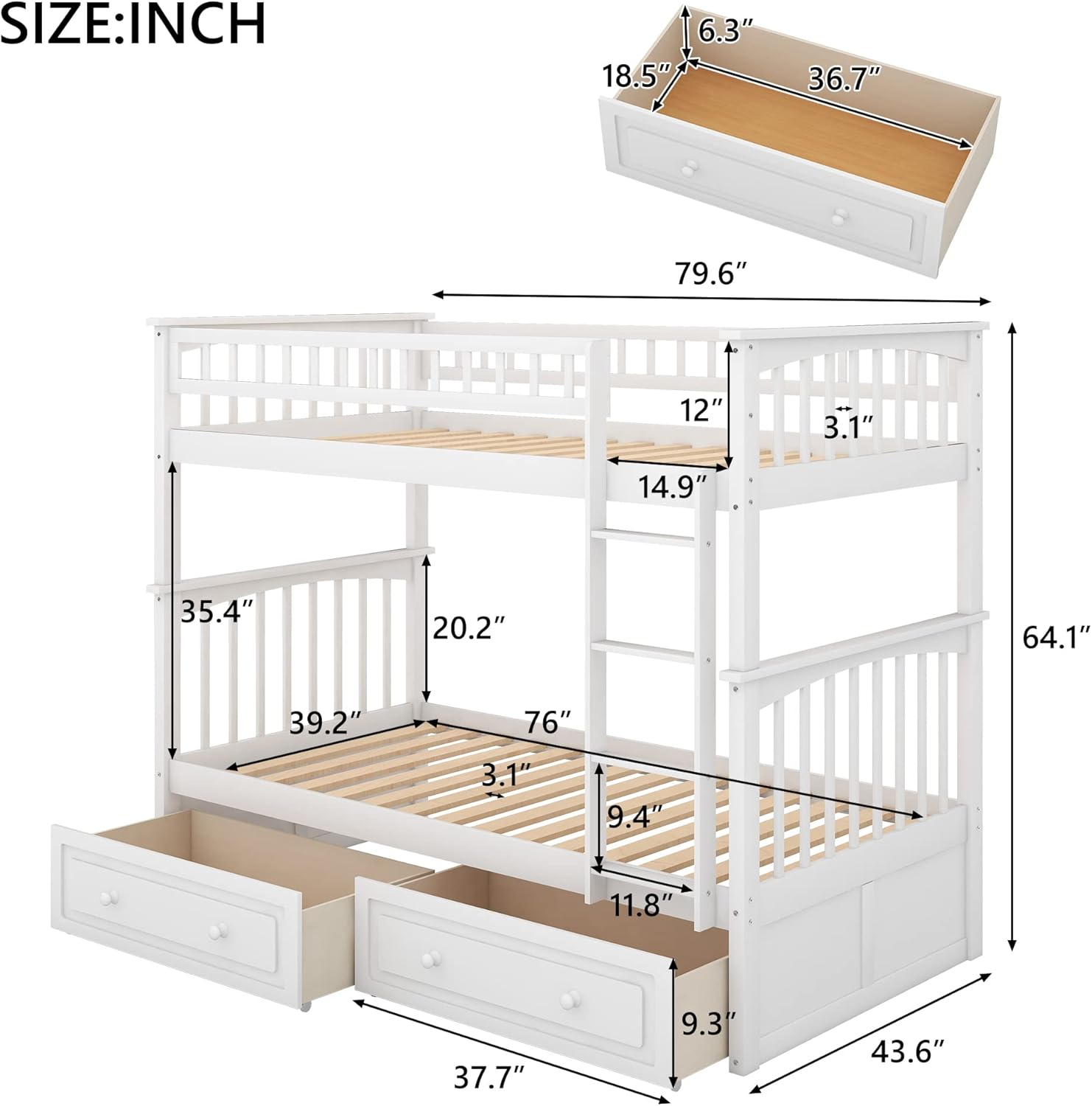 Merax Twin Over Twin Bunk Bed with 2 Storage Drawers and Ladder, Can be Devided into 2 Beds, No Spring Box Needed, White