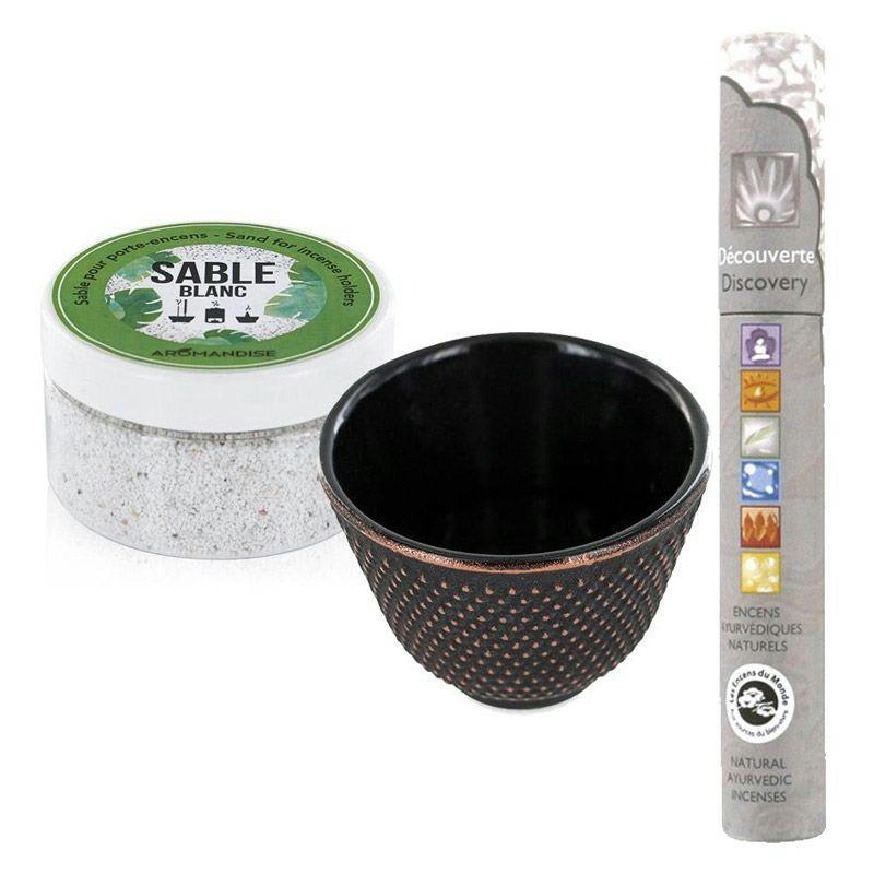 ZEN - Porte-encens coupelle fonte noire et sable blanc + encens ayurvédique