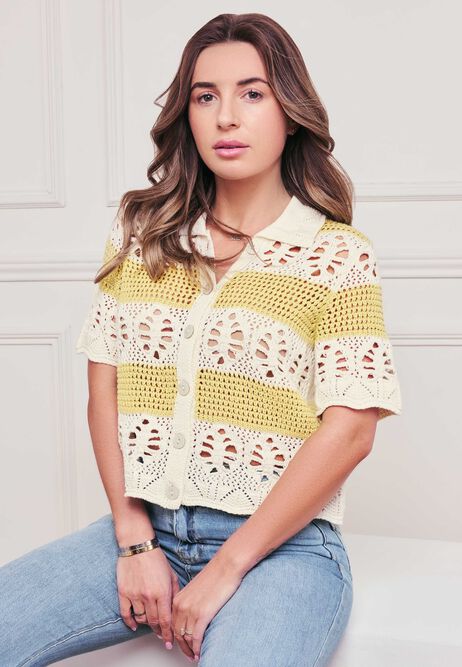 Womens Yellow Stripe Crochet Flower Cardigan