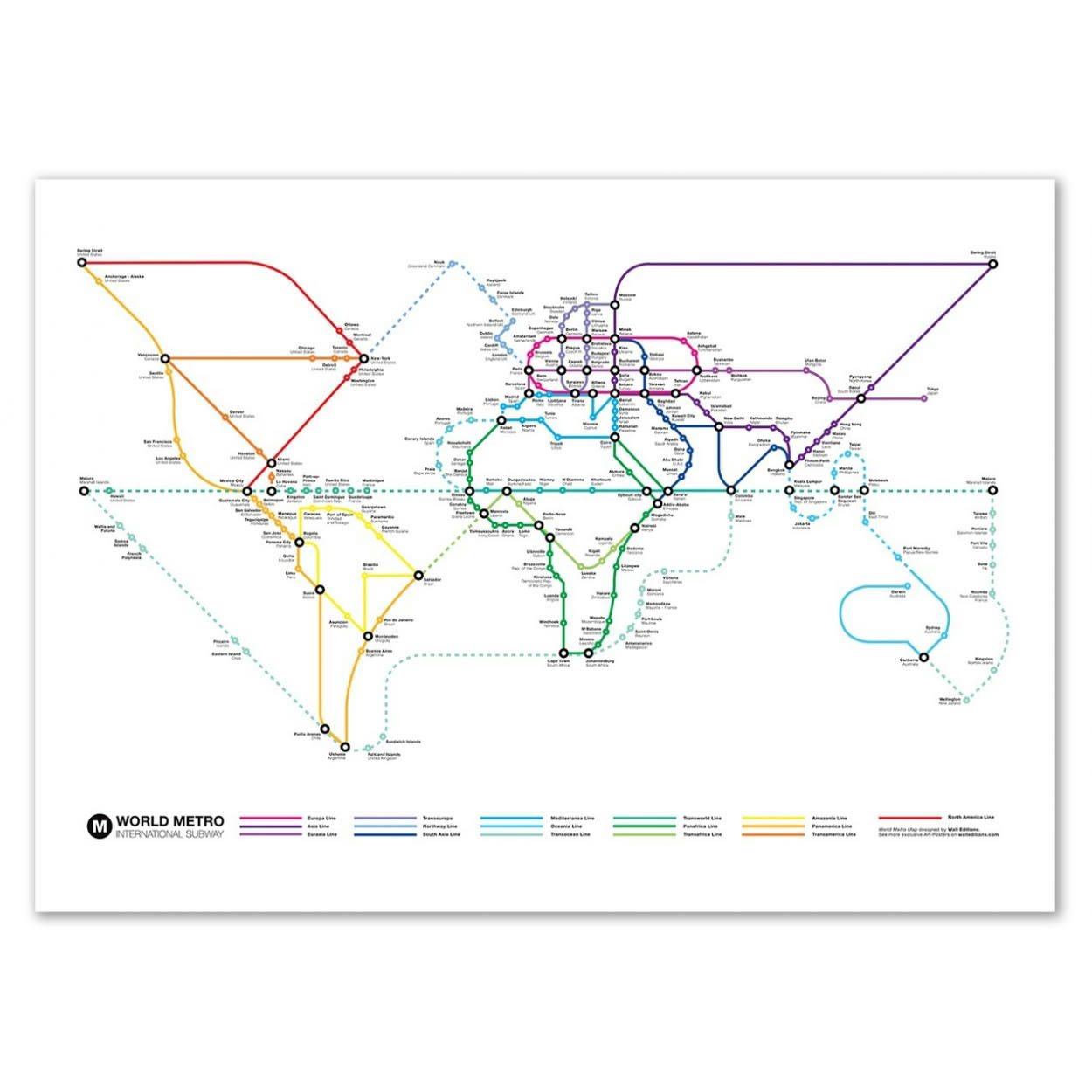 OLIVIER BOURDEREAU - WORLD METRO MAP - Affiche d'art 50 x 70 cm