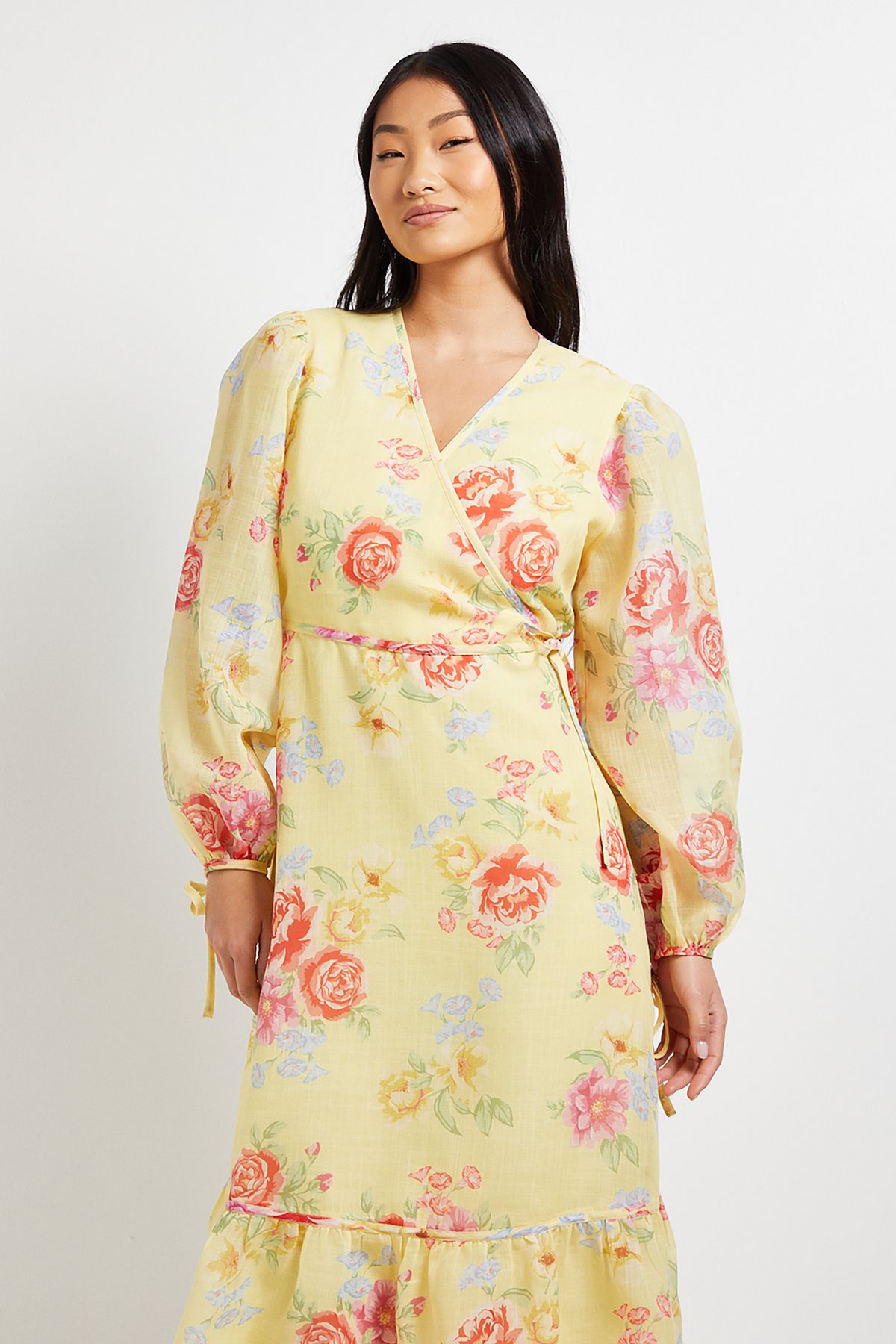 Dorothy Perkins Petite Floral Printed Wrap Detail Blouson Sleeve Maxi Dress