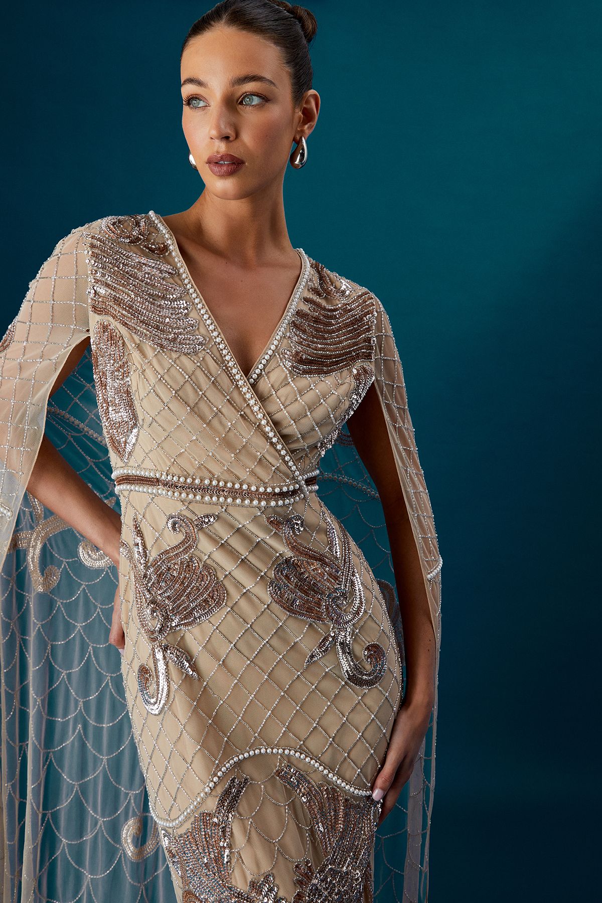 Coast Coast Muse Heavily Embellished Maxi Dress With Cape Sleeves