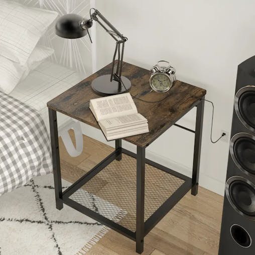 NNETM 2-Tier End Table Nightstand with Storage Shelf - Rustic Brown Black