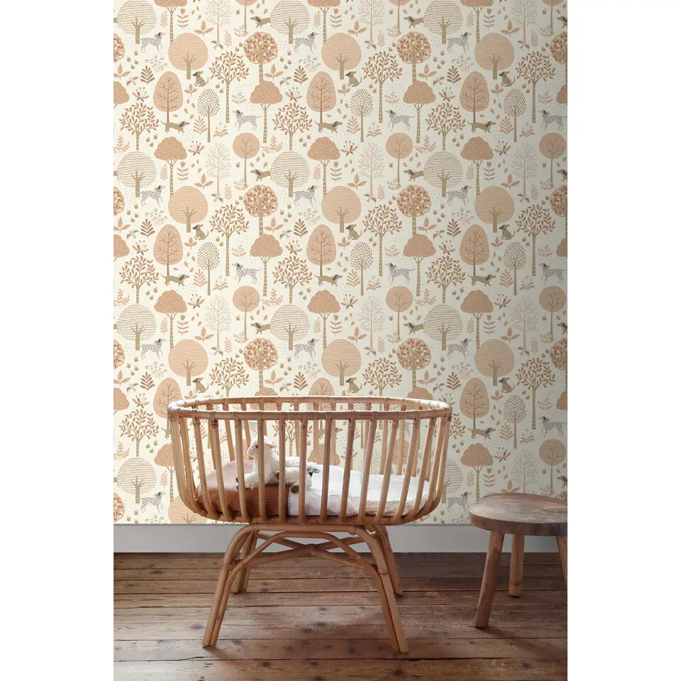 ESTAhome behang honden beige en zacht roze - 53 cm x 10.05 m