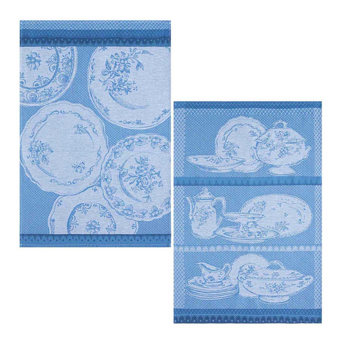VAISSELLES ANCIENNES - Lot de 2 torchons en jacquard de coton bleu moyen 50x75