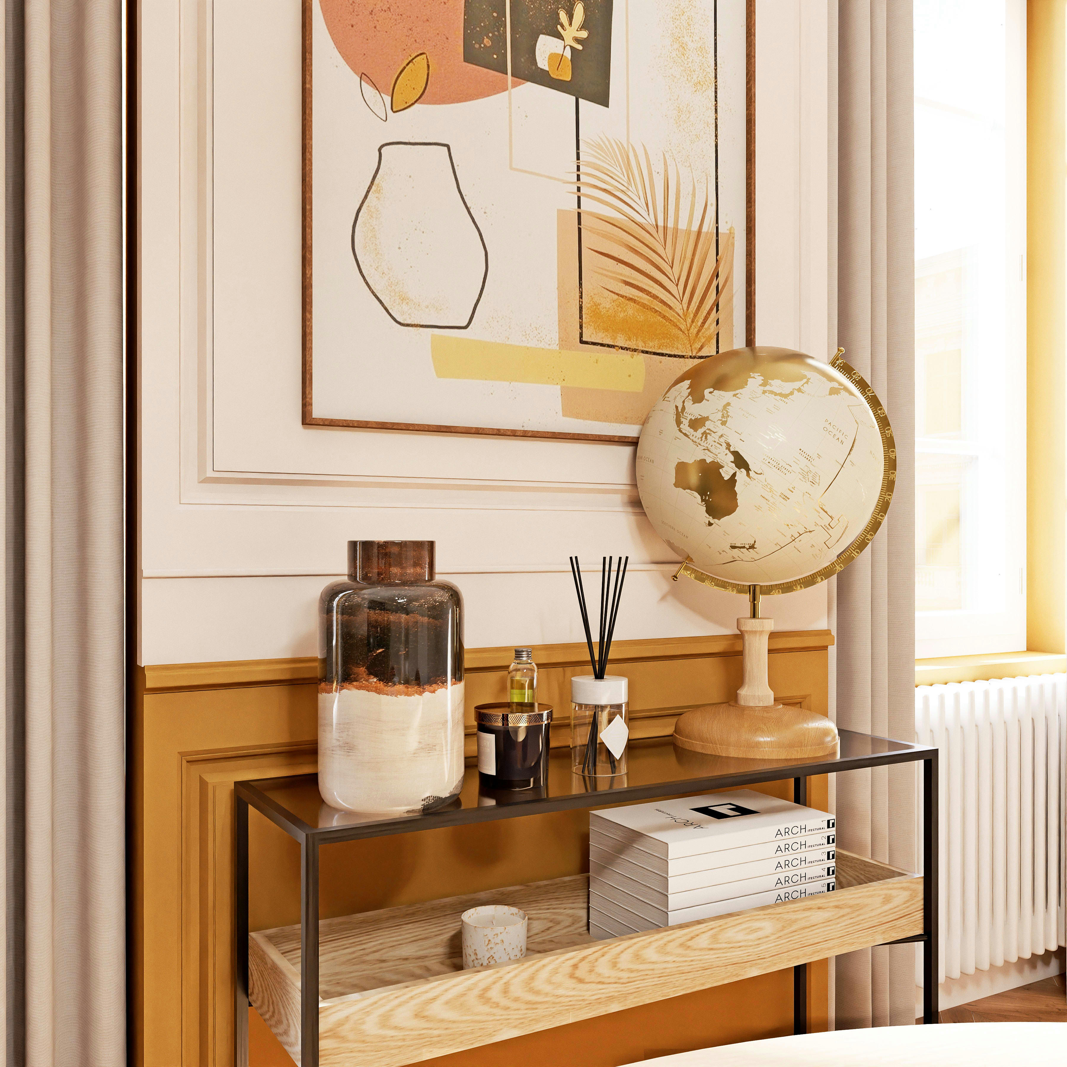 SAINTE-MAXIME - Globe terrestre carte du monde beige et dorée pied en bois de manguier