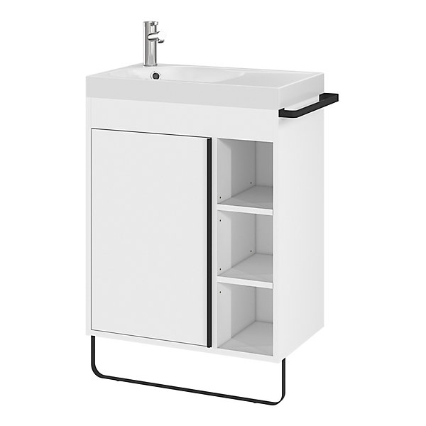 Meuble vasque faible profondeur blanc avec porte-serviettes l.65 x H.82 x P.36 cm   plan vasque résine blanc   miroir, GoodHome Maza