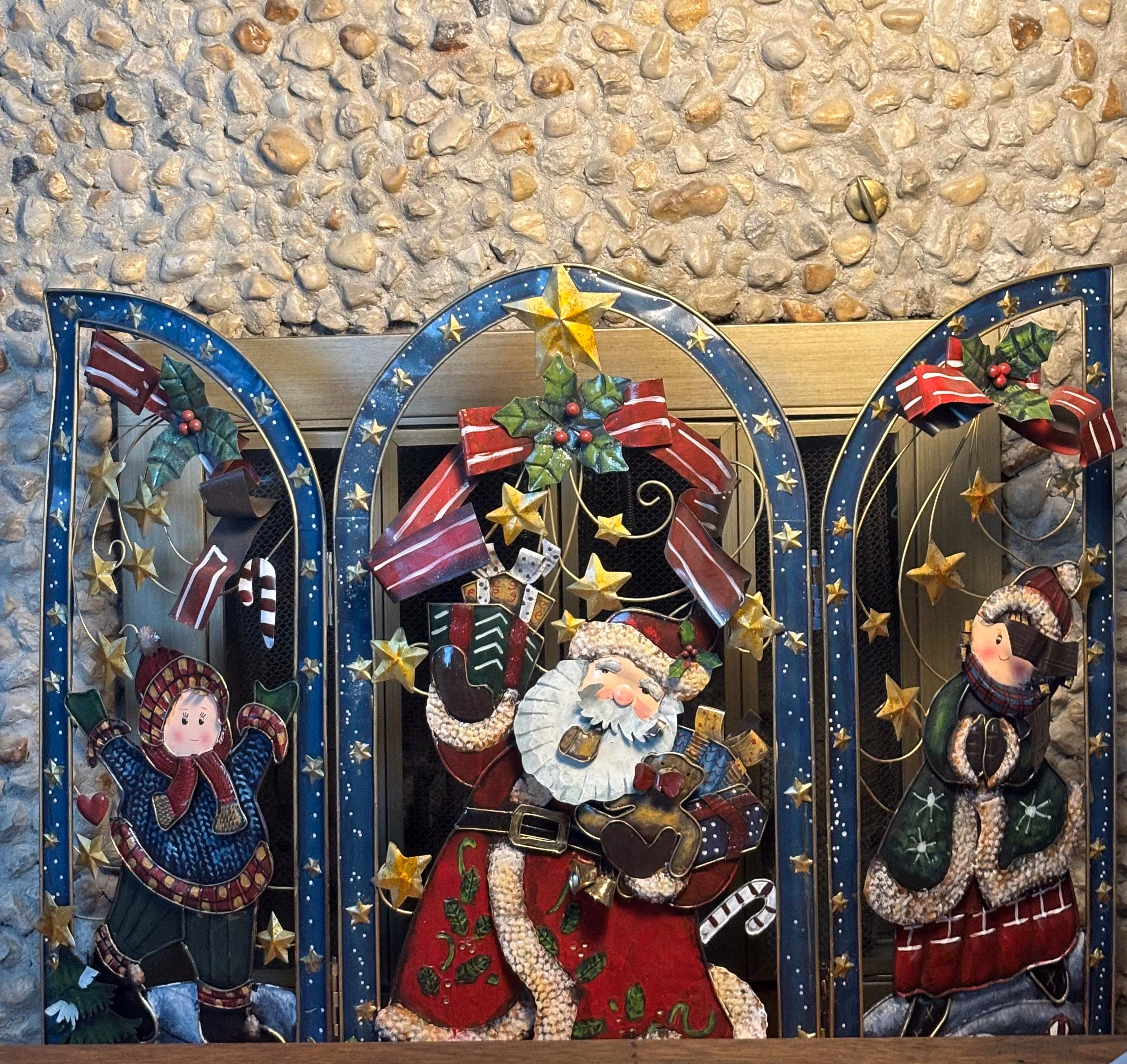 Vintage Large Grandeur Noel 2003 Christmas Metal Fireplace Screen | Santa Clause Design | Holiday | Decorative | 36x48