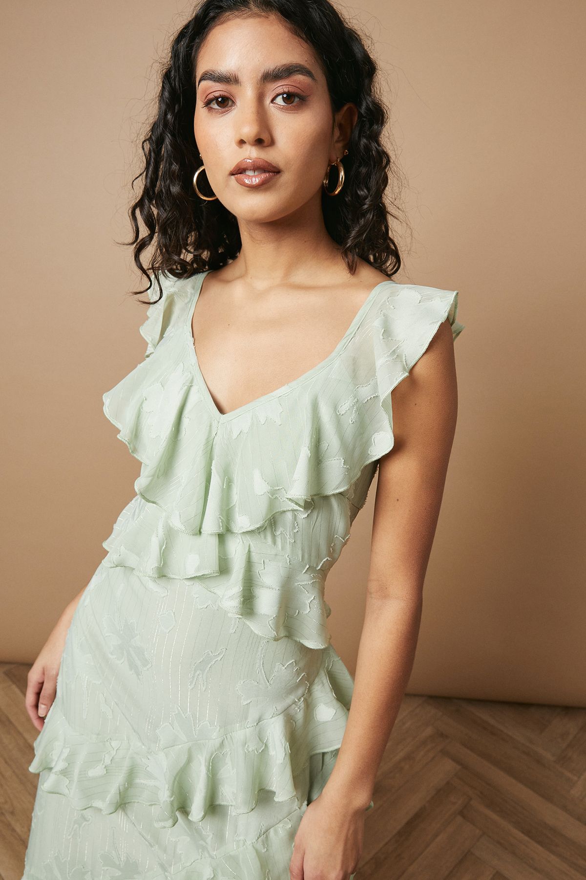 Oasis Petite Ruffle Jacquard Print Maxi Dress