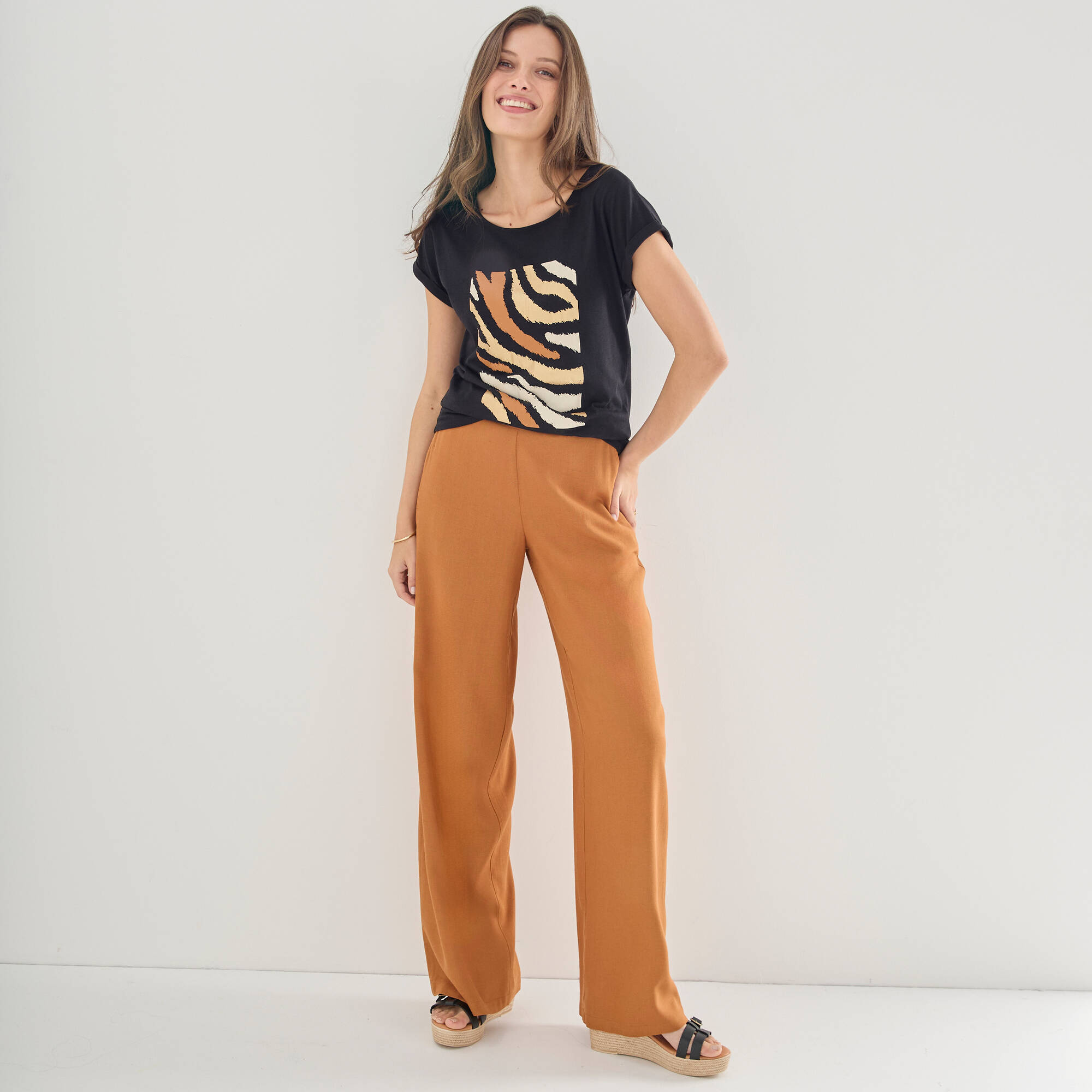 Pantalon large viscose/lin