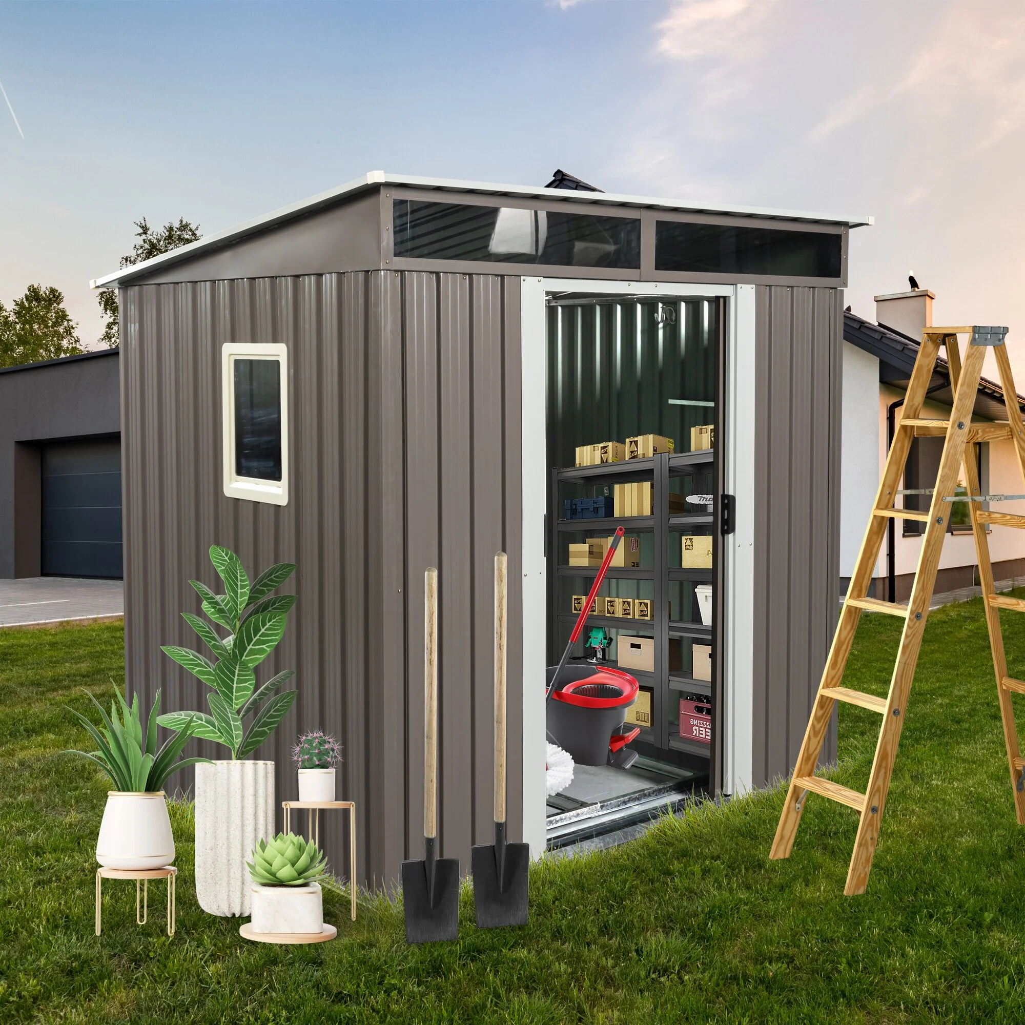 Outdoor Rust-proof Metal Storage Shed Garden Shed with Lockable Sliding Door, Weatherproof Tool Shed