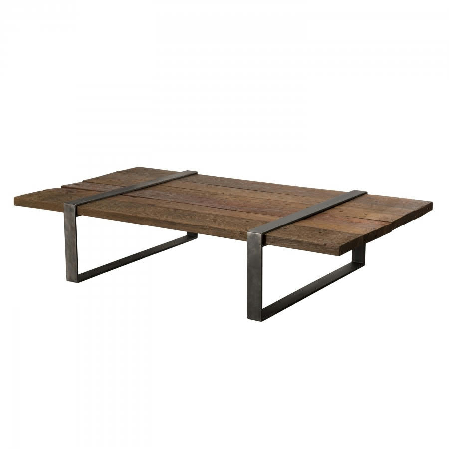 LEONCE - Table basse multi-planches en bois massif cerclée métal L161