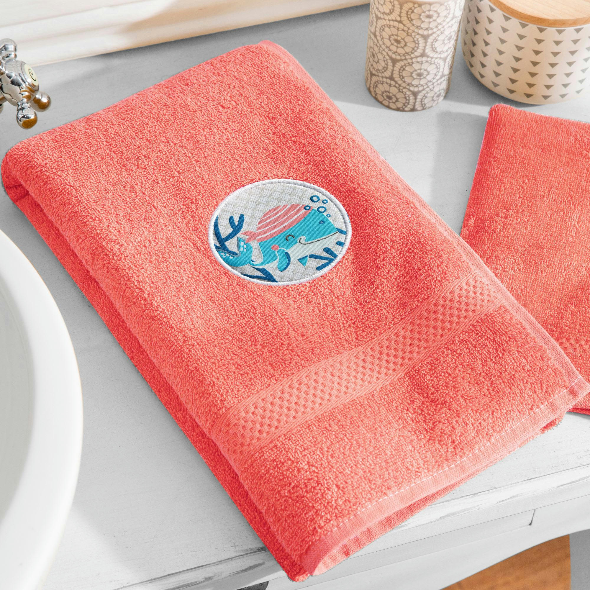 PETITES BETES - Serviette de toilette + gant 50x90 rose corail en coton