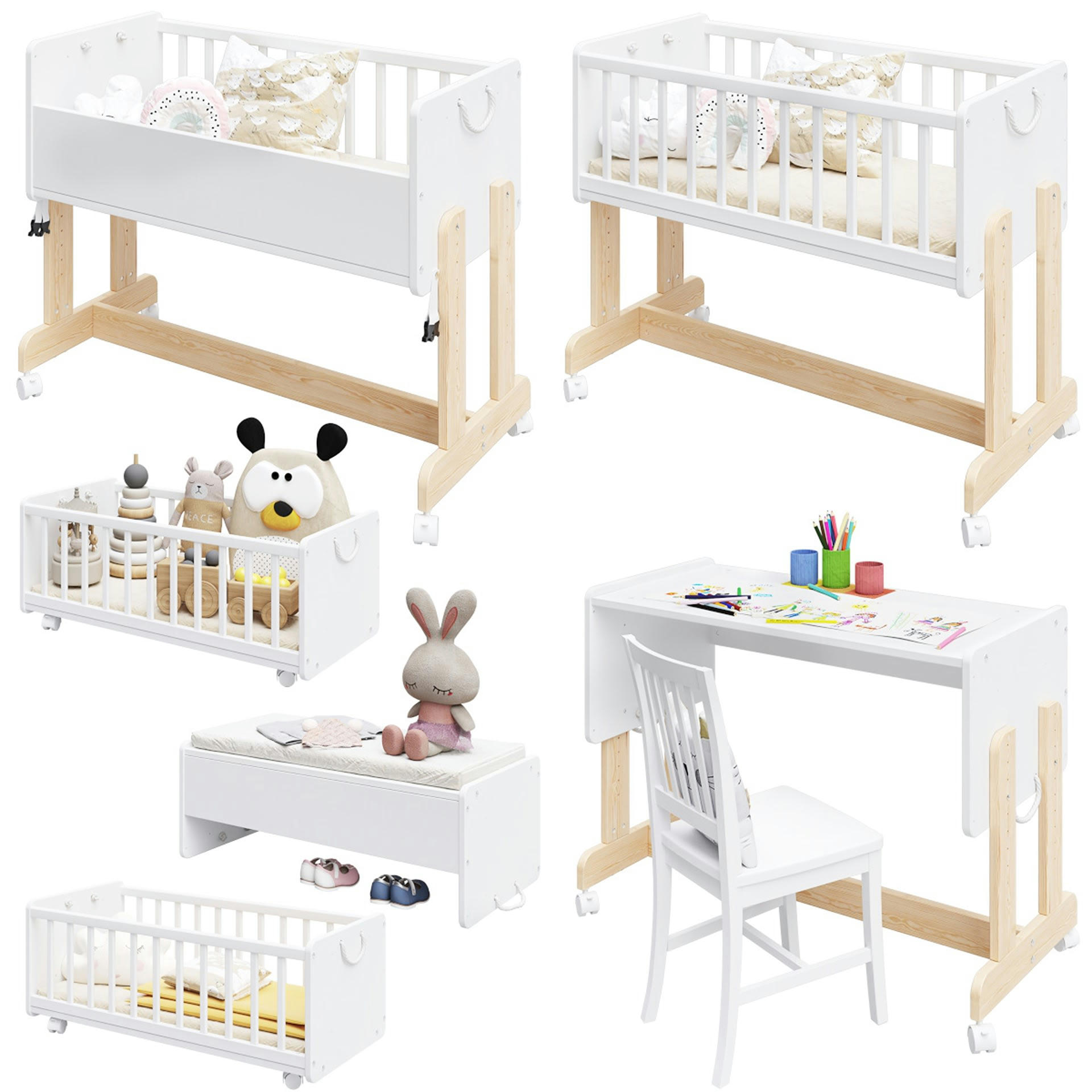 ORNELLA - Berceau Lit Cododo 5 en 1 en bois naturel 90x40cm - Matelas inclus