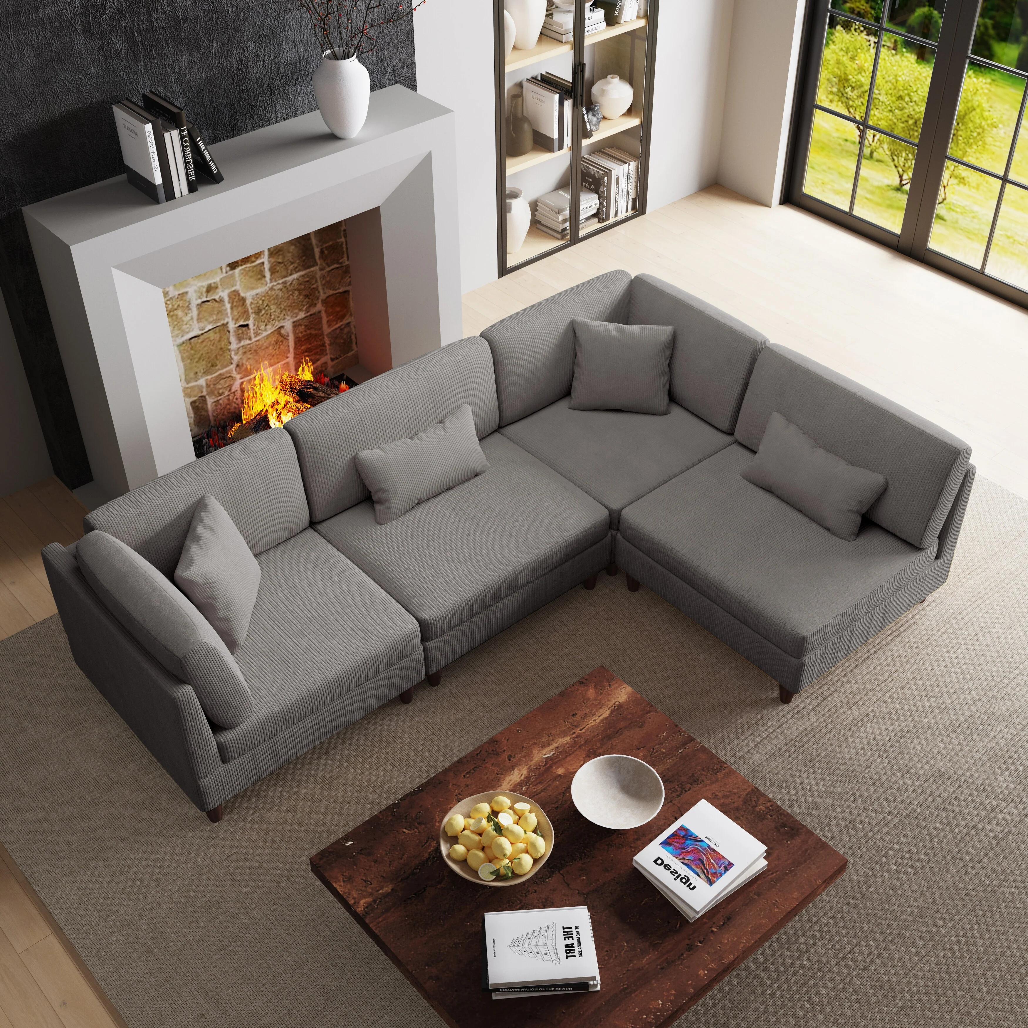4-Piece Modern Corduroy Modular Sectional Sofa with pillows For Living Room