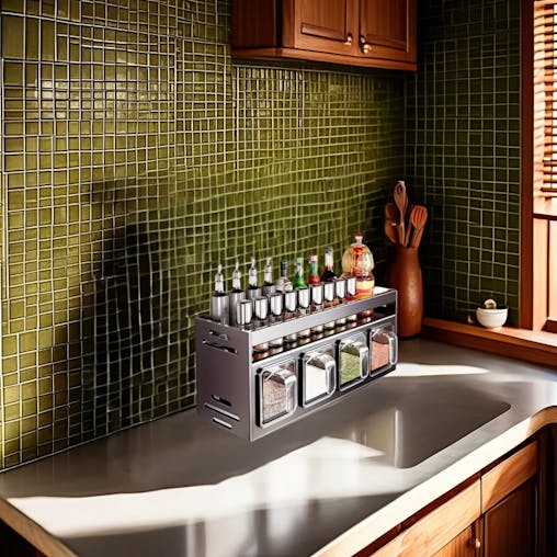NNETM Wall-Mounted Aluminum Spice Rack with Clear Jars