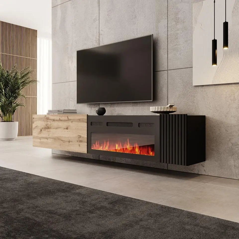 Meubella - Cruzar - TV-Meubel met sfeerhaard - Zwart/Eiken - 200 cm