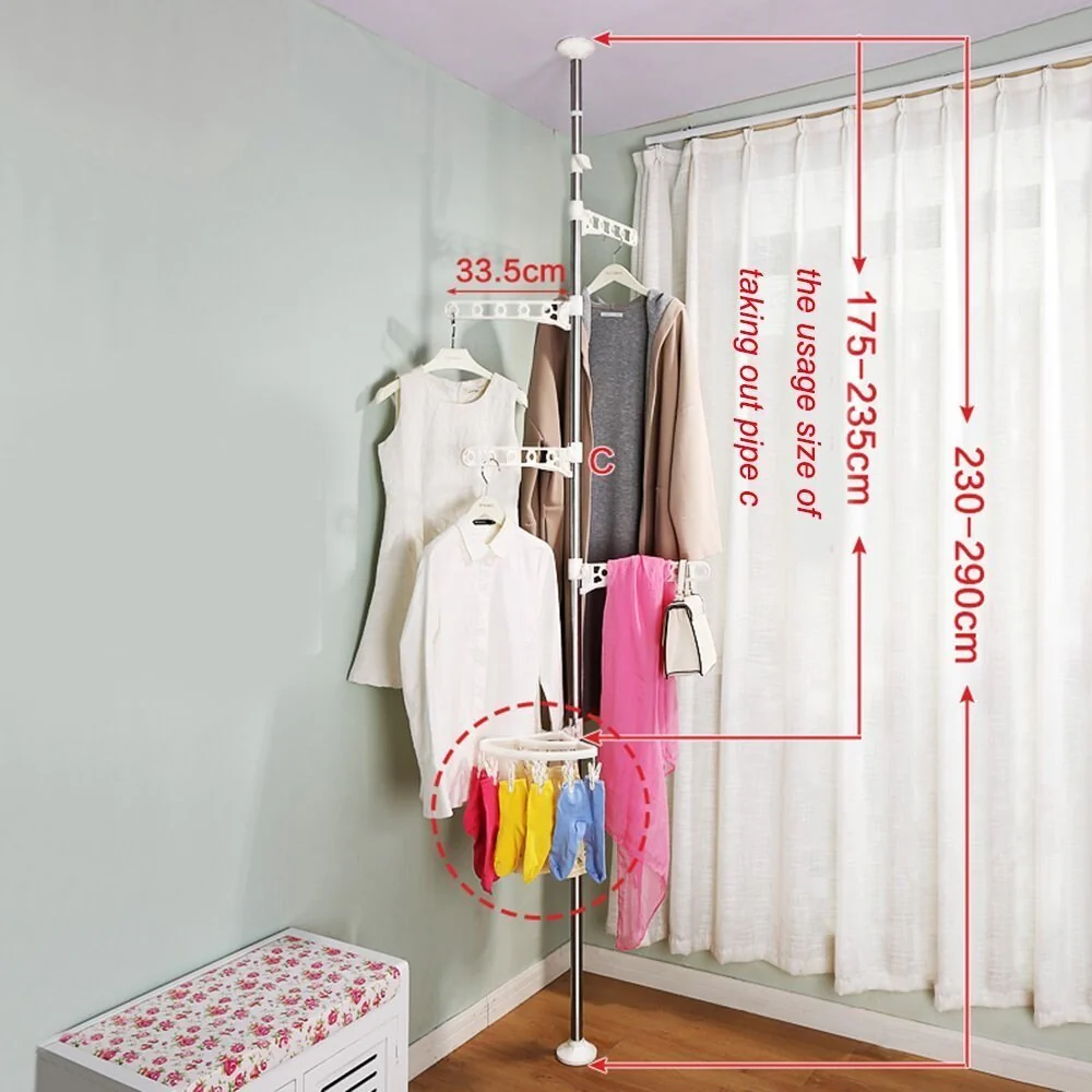 4-Tier Standing Clothes Laundry Drying Rack Grament Coat Hanger Organizer Floor to Ceiling Adjustable Metal Corner Tension