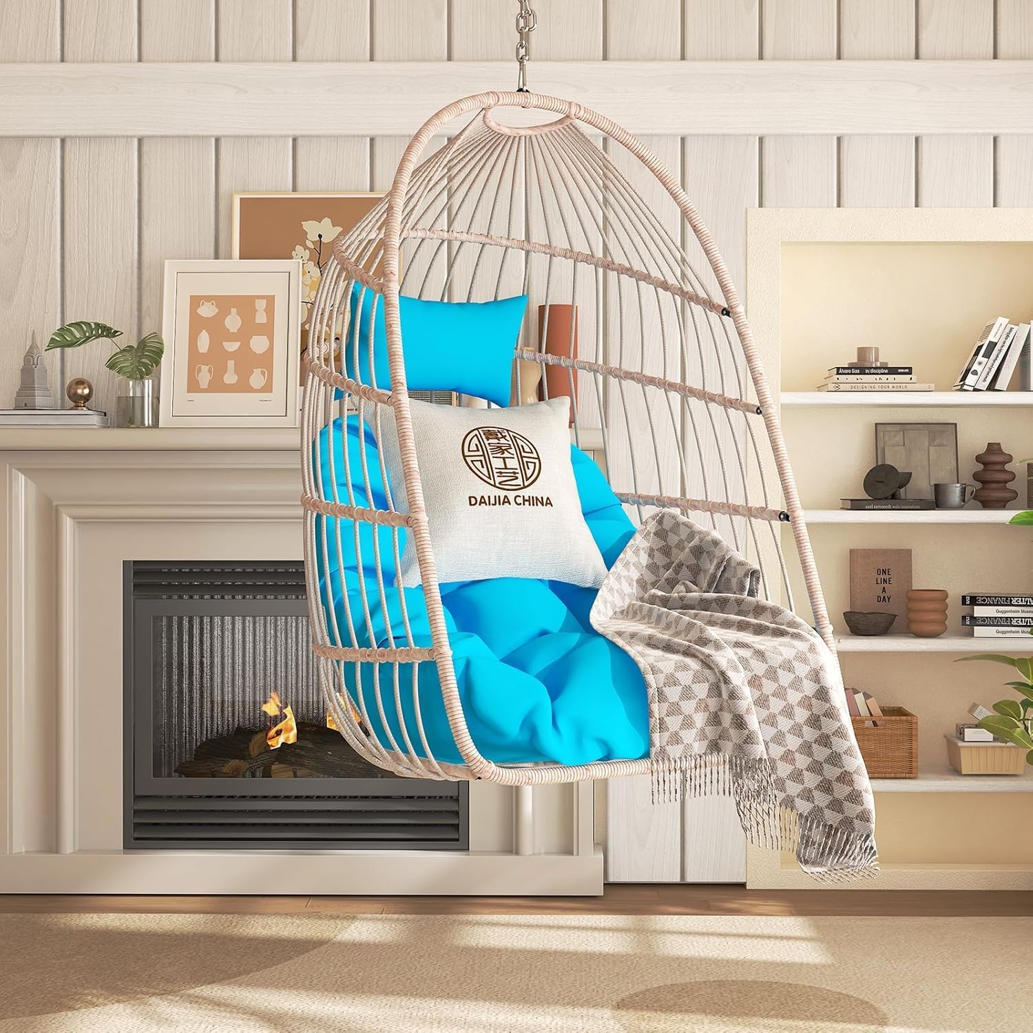 Hanging Egg Chair Without Stand, HDPE Rattan Foldable Swing Chair with Pillow, Aluminum Frame & UV Resistant Cushion for Indoor Outdoor Bedroom Garden, 350Lbs Capacity (Blue)
