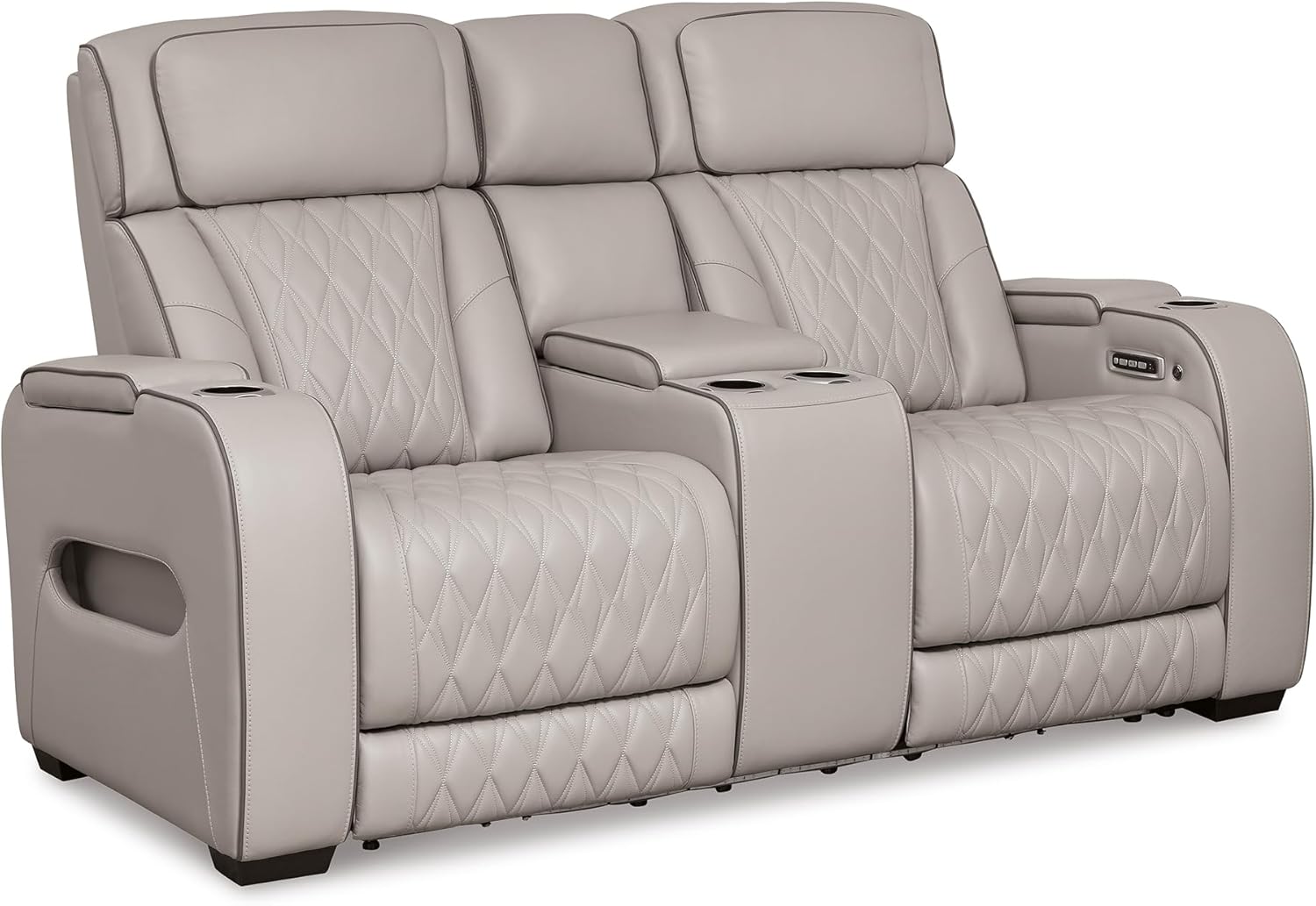 Signature Design by Ashley Boyington Contemporary Leather Match Power Reclining Loveseat with Console and USB Charging Ports, LED Lights and Adjustable Headrest, Light Gray