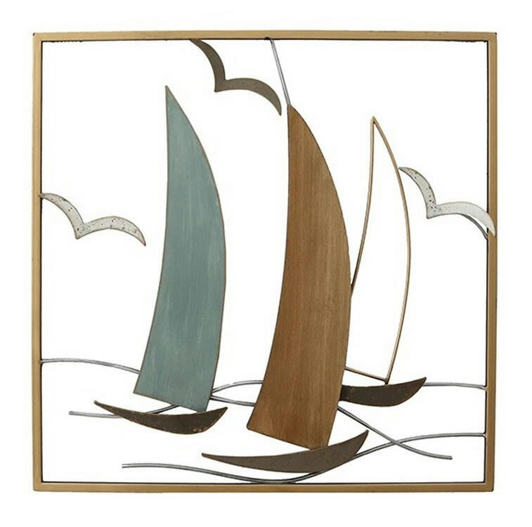 CASSIS - Décoration murale en métal et bois voiliers en cadre 50x50x4