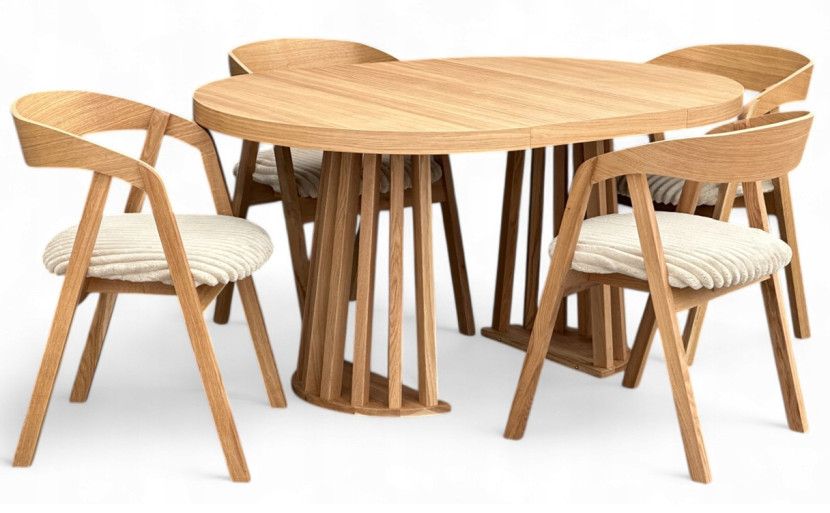 Zestaw Stół okrągły fornir 110/210cm LAMEL krzesła 4szt dębowe beżowe
