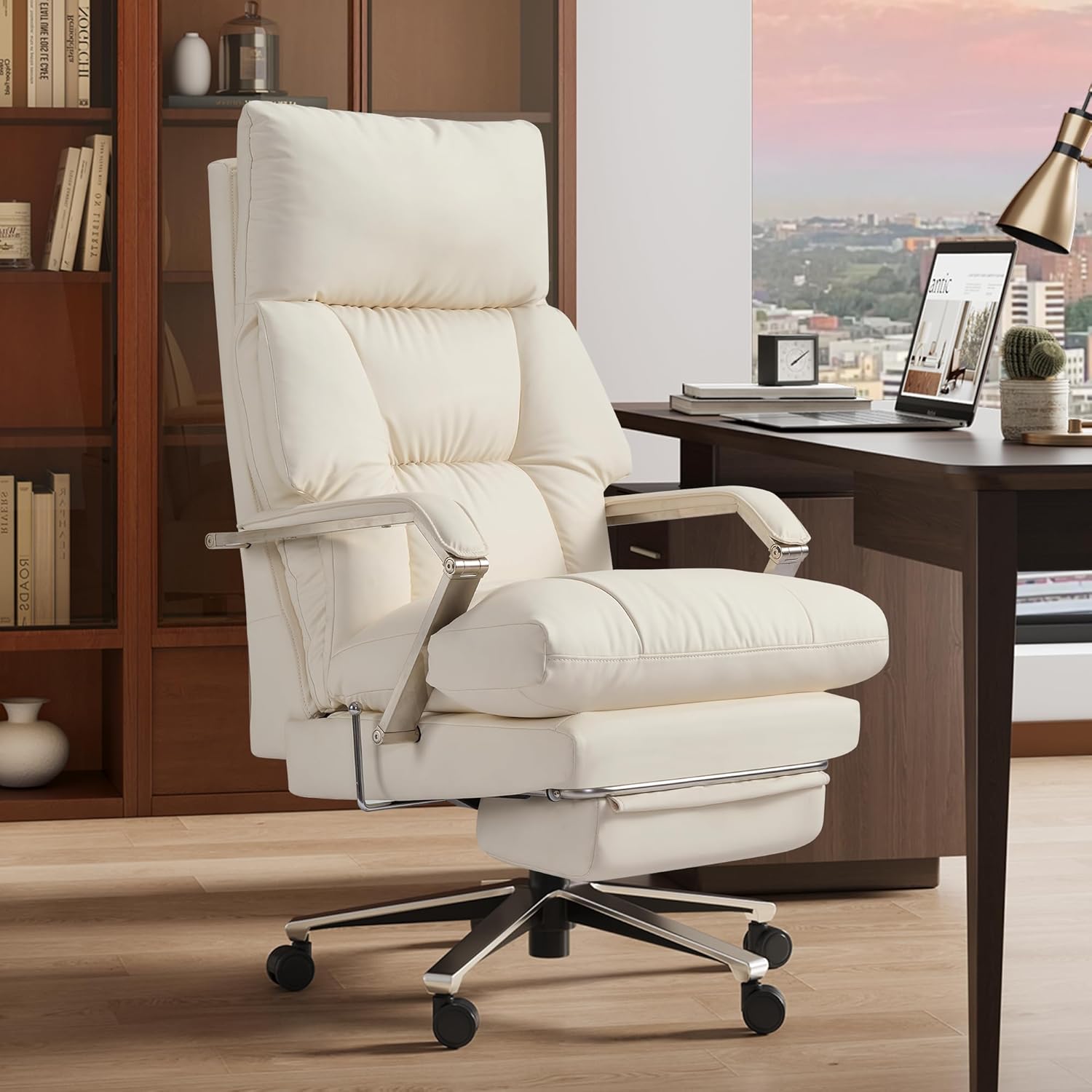 M76 160° Reclining Office Chair with Footrest, 10 Thick Cloud Cushion Executive Desk Chair, Extra Wide Cross-Legged Ergonomic Chair for Big and Tall, Adjustable Seat Depth, Easy Assembly, Cream