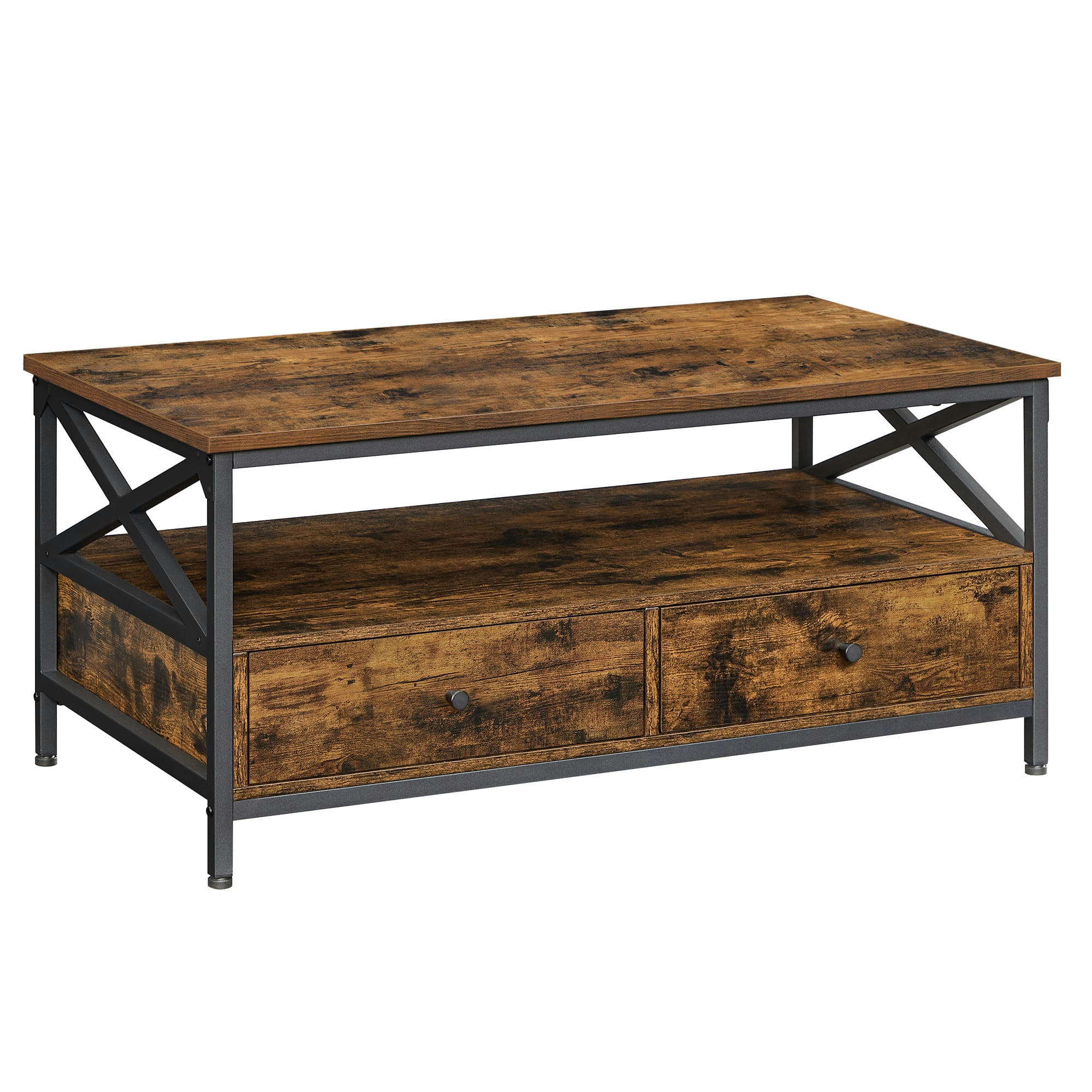 - Table basse effet bois acier marron rustique et noir