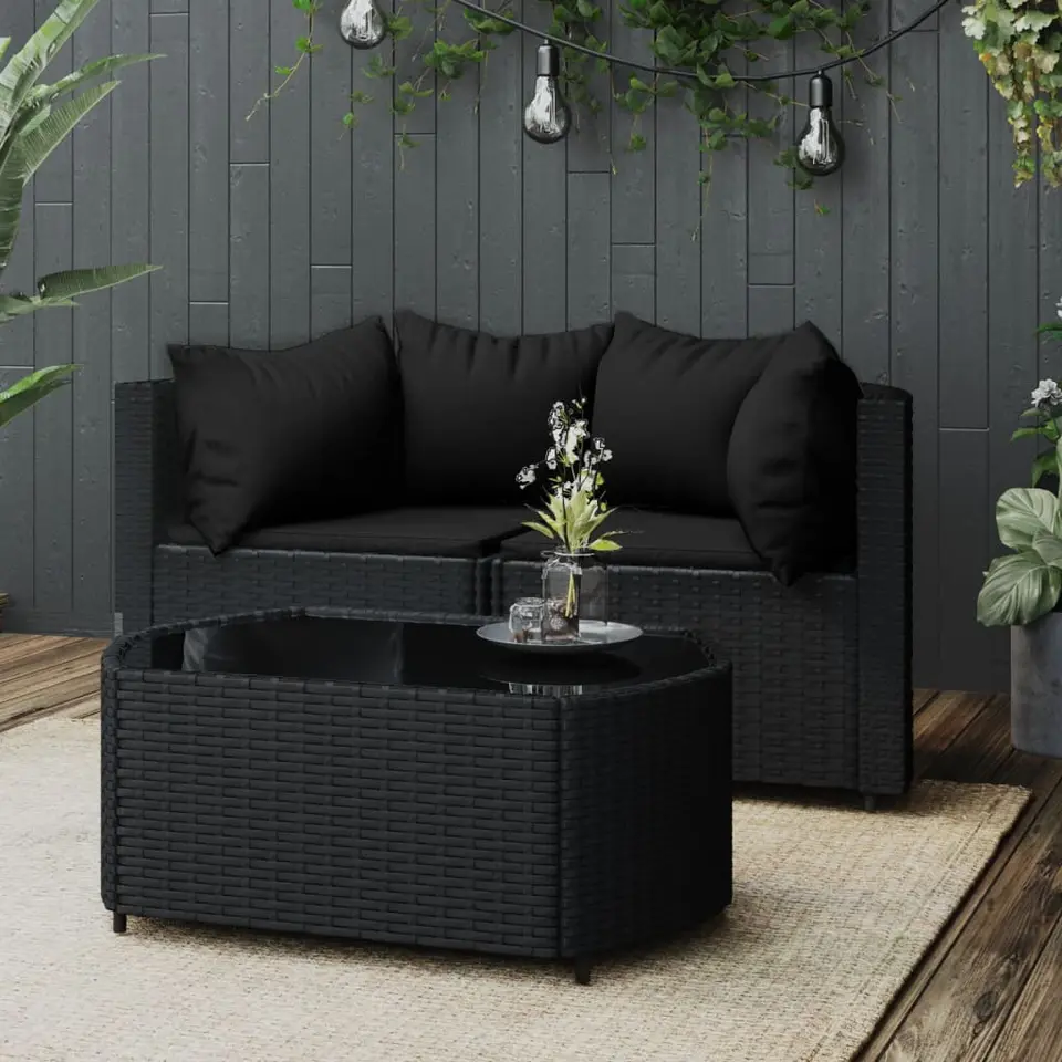 vidaXL - Loungeset - Zwart - Poly rattan - 3 stuks - Met kussens
