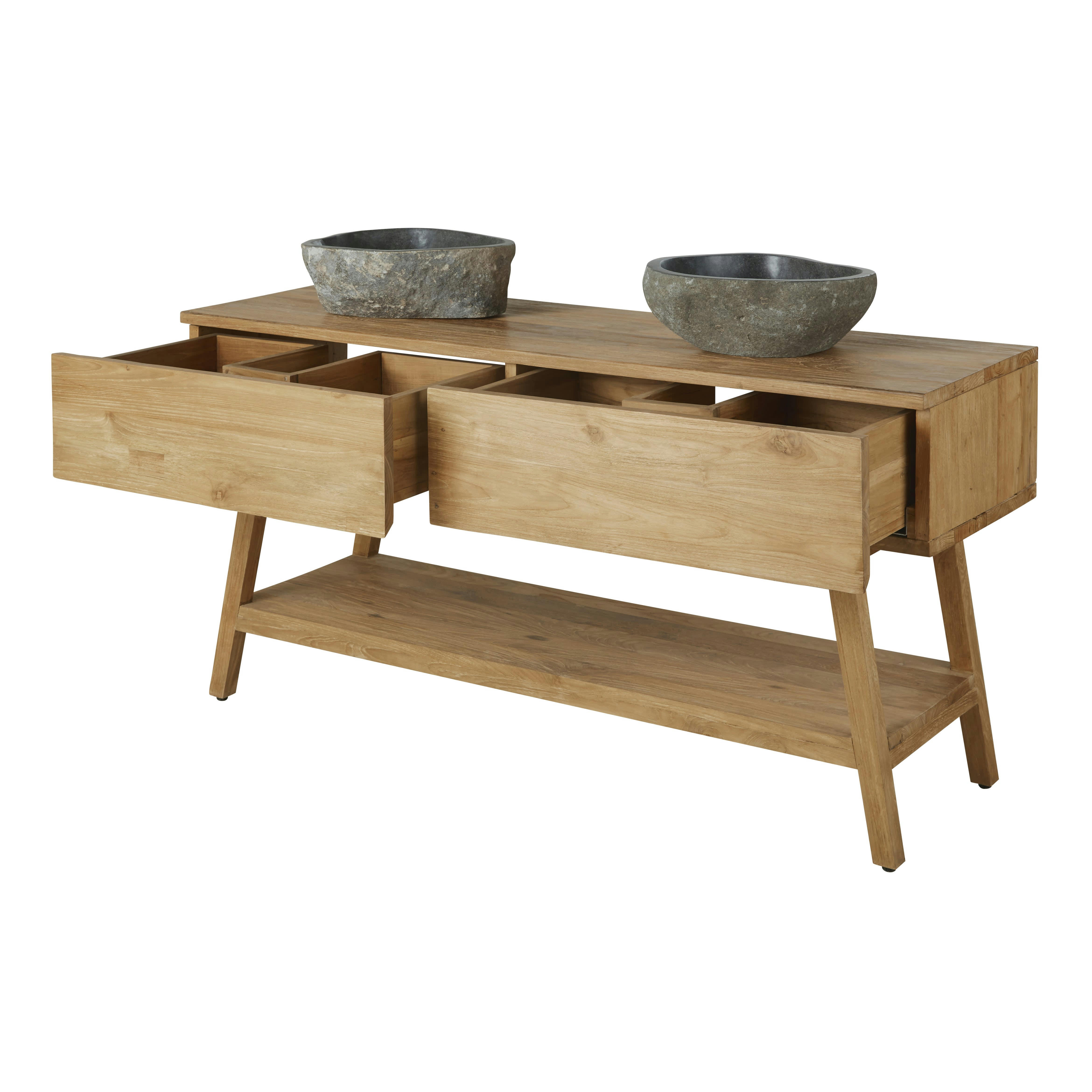 Tecka - Meuble double vasques en bois et pierre de rivière
