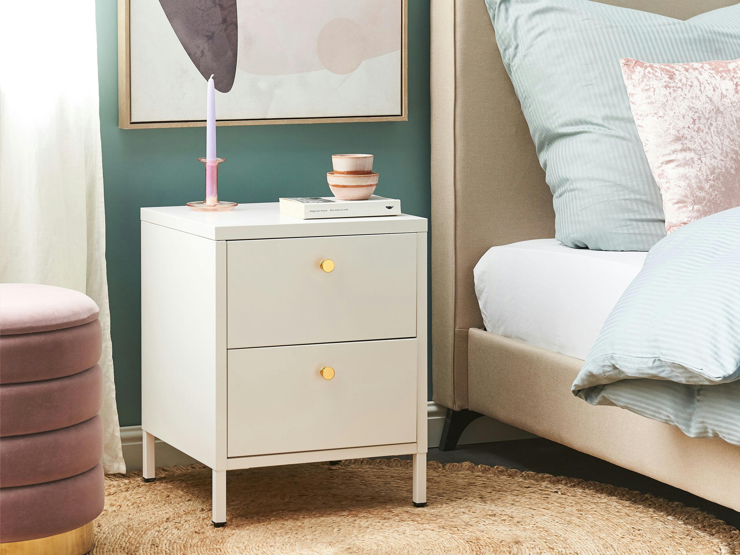 KYLEA - Table de chevet avec 2 tiroirs en métal blanc