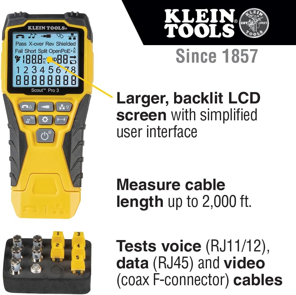 Klein Tools VDV501-851 Cable Tester Kit with Scout Pro 3 for Ethernet / Data, Coax / Video and Phone Cables, 5 Locator Remotes