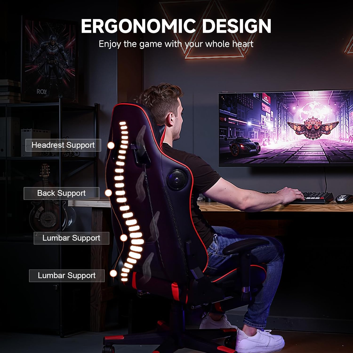 GTPLAYER Gaming Chair,Gamer Chair with Bluetooth and Adjustable Backrest,Seat Height Adjustable Computer Chairs with 3D Armrests,Video Game Chair with Footrest Speakers (Red)