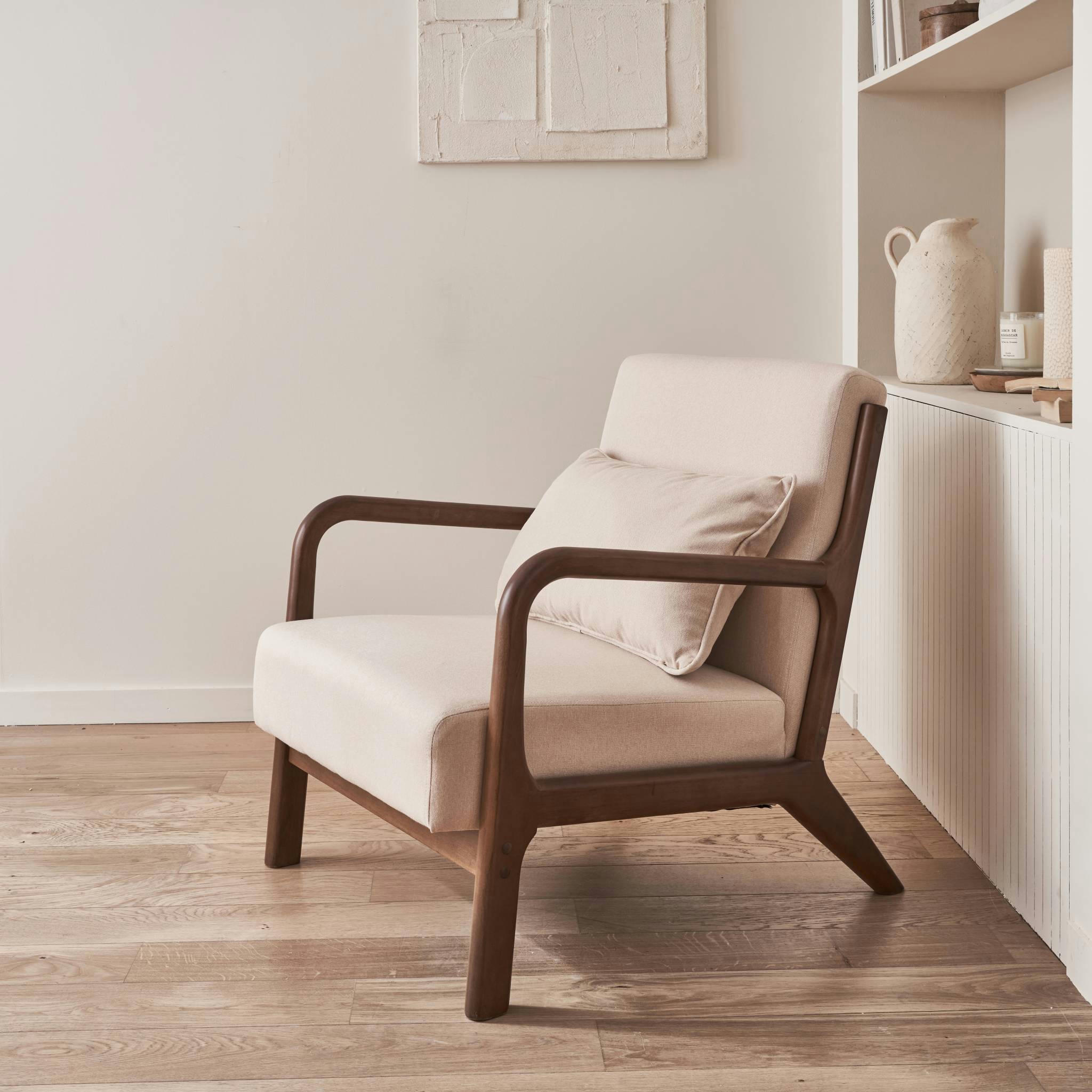 LORENS - Fauteuil tissu beige , bois d'hévéa teinté noyer