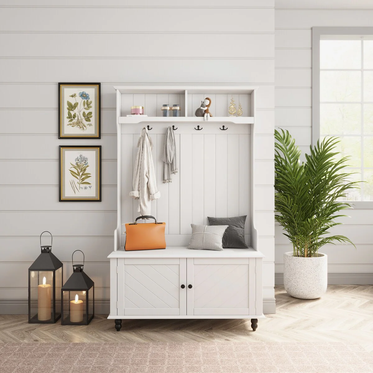 Hall Tree with 4 Hooks , Coat Hanger, Entryway Bench, Storage Bench, 3-in-1 Design, 40INCH, for Entrance, Hallway