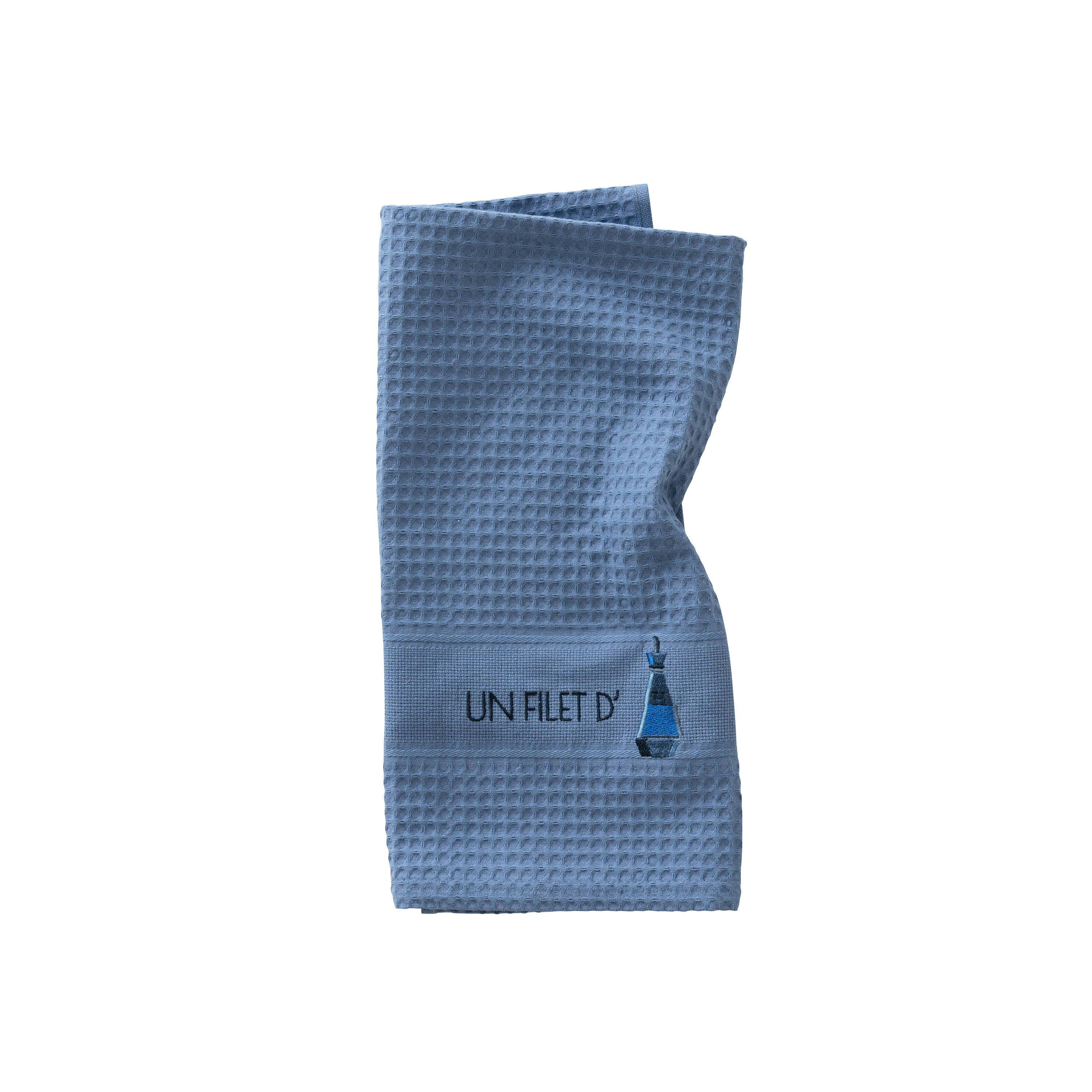 SAVEURS - Torchon de cuisine Indigo nid d'abeille brodé bleu 50 x 70 cm