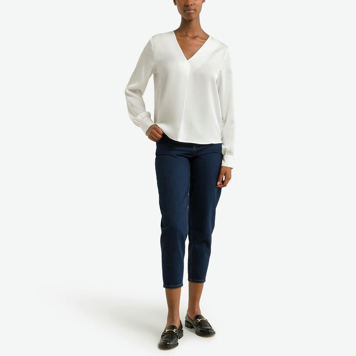 Blouse satinée, col V, manches longues