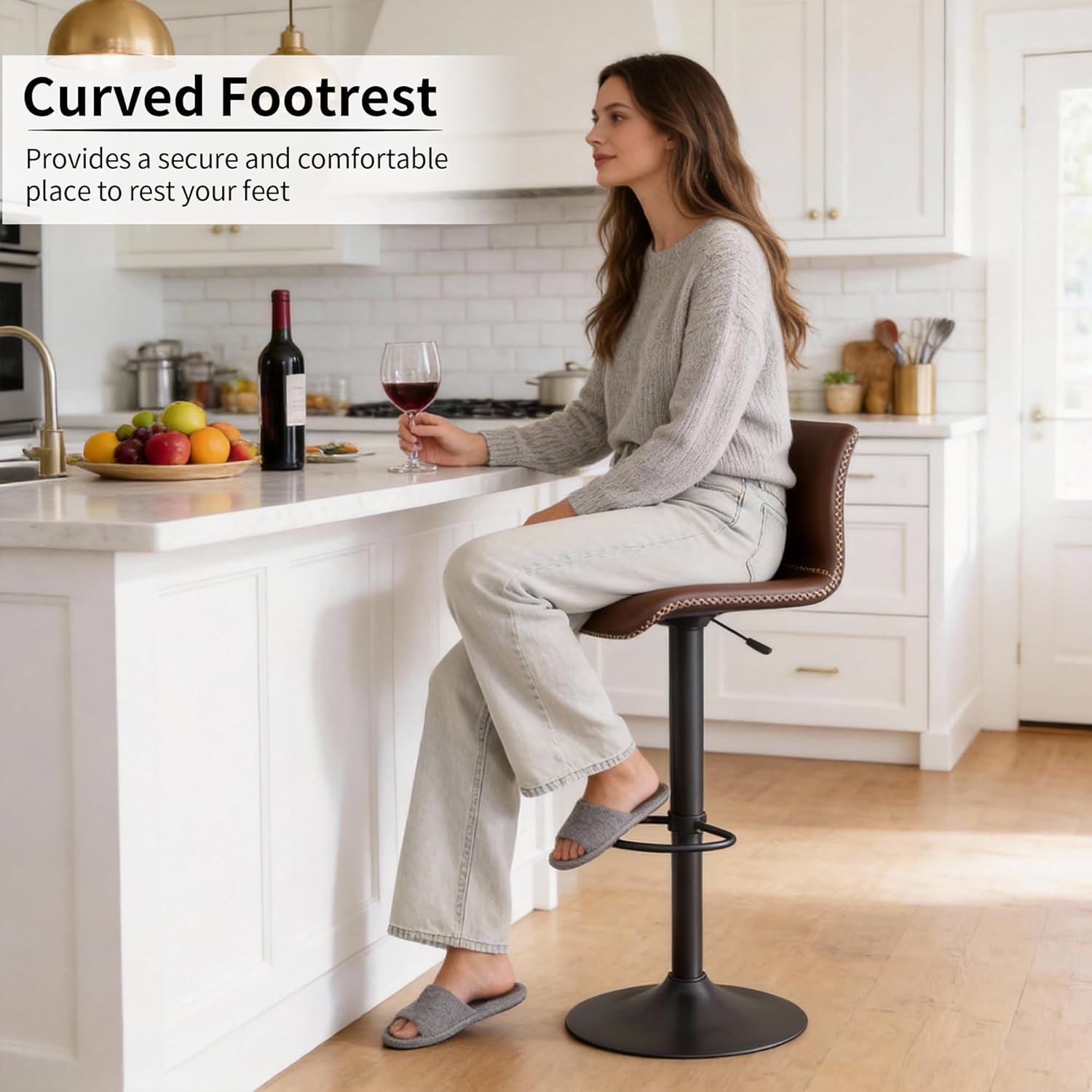 HeuGah Swivel Bar Stools Set of 4, Counter Height Bar Stools with Back, Adjustable Bar Stools 24 to 32, Brown Faux Leather Bar Chairs for Kitchen Island (Brown, Set of 4 (24'' to 32''))