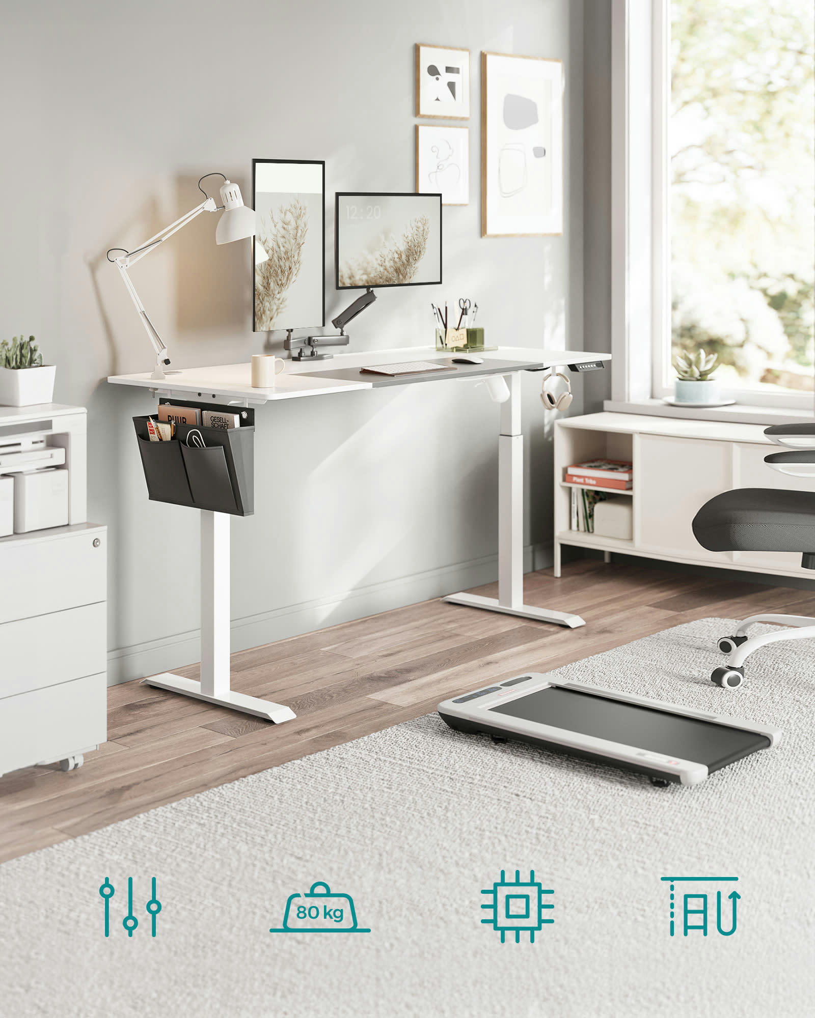 - Bureau assis-debout 160 cm effet bois blanc gris